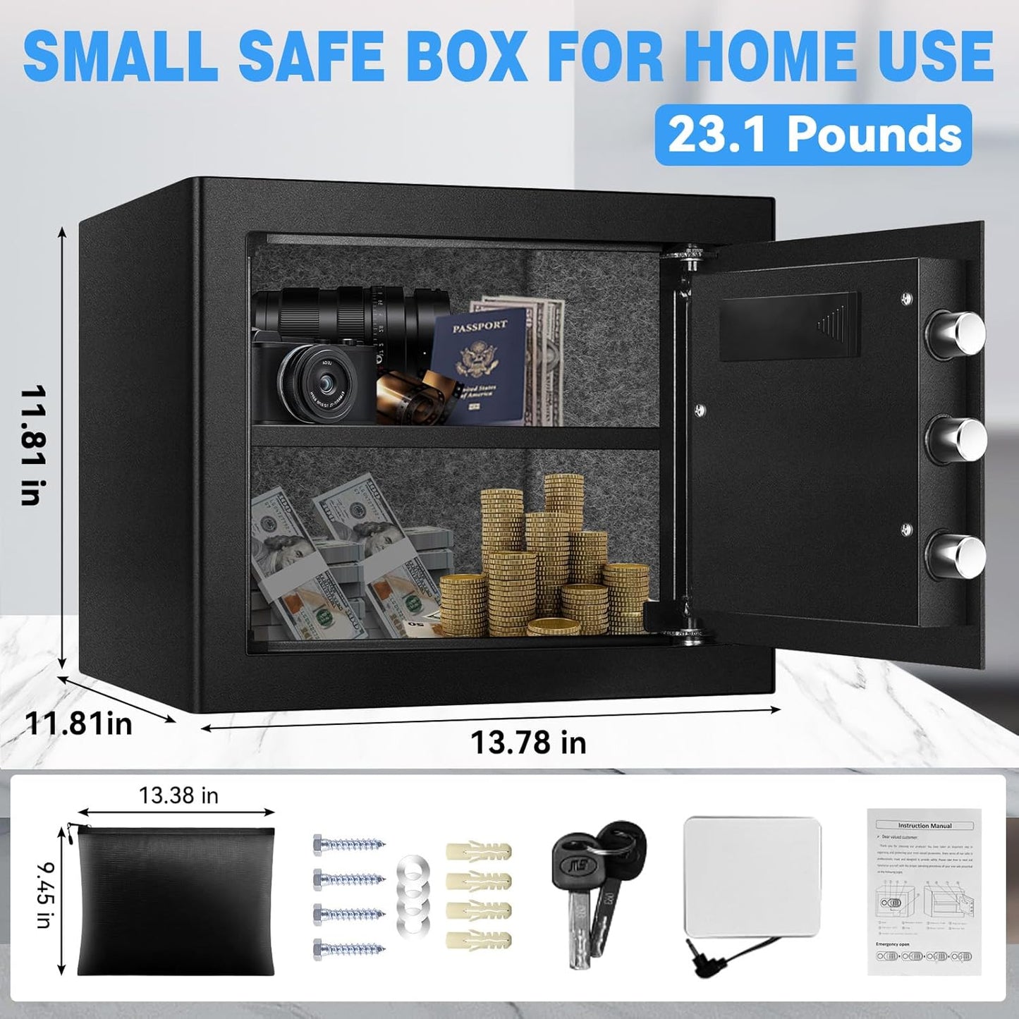 1.8 Cuft Small Safe Box with Fireproof Waterproof Bag, Safes for Home Documents, Anti-Theft Safety Box With Digital Keypad, Smart Alert System, Spare Keys, Personal Safe for Cash Money
