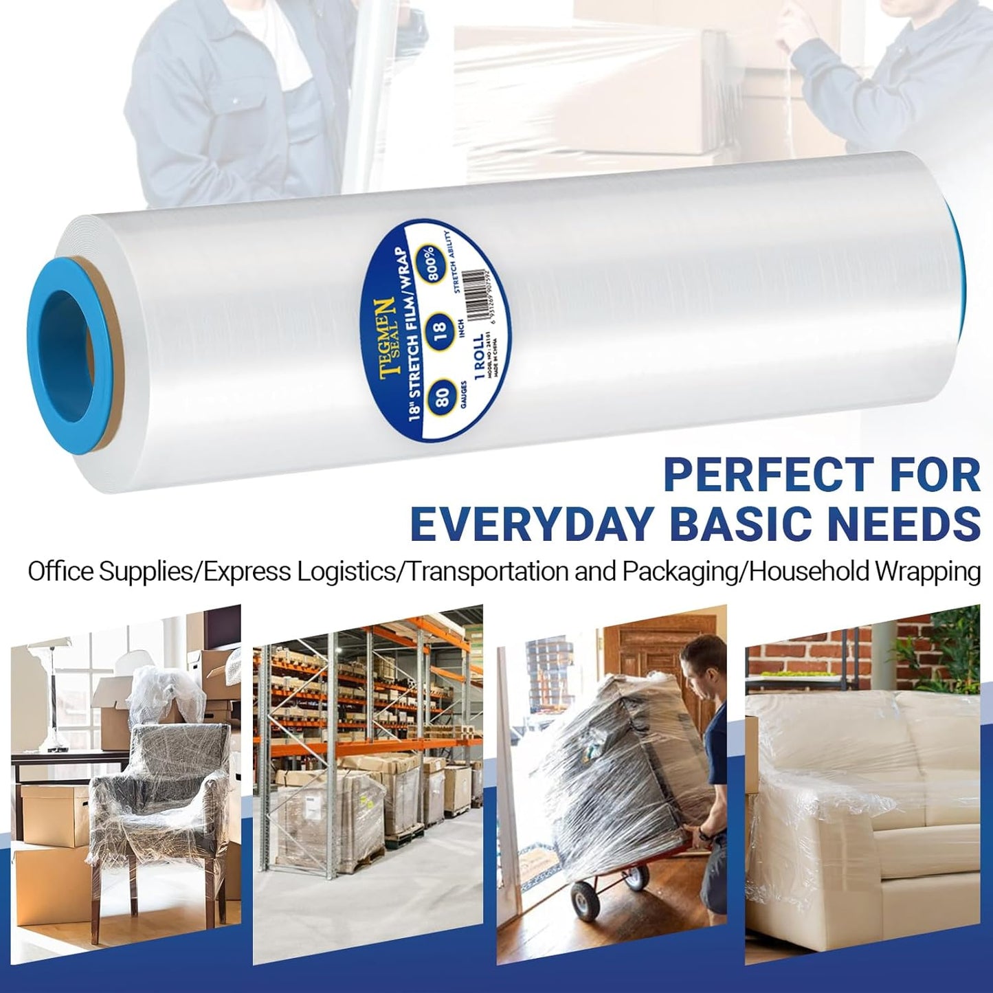 4-Pack 18" Stretch Wrap Rolls - 80 Gauge Industrial Strength Clear Film, 1200ft Length with Plastic Handle Option - Heavy Duty Self-Adhering for Moving, Shipping, Pallet Packing