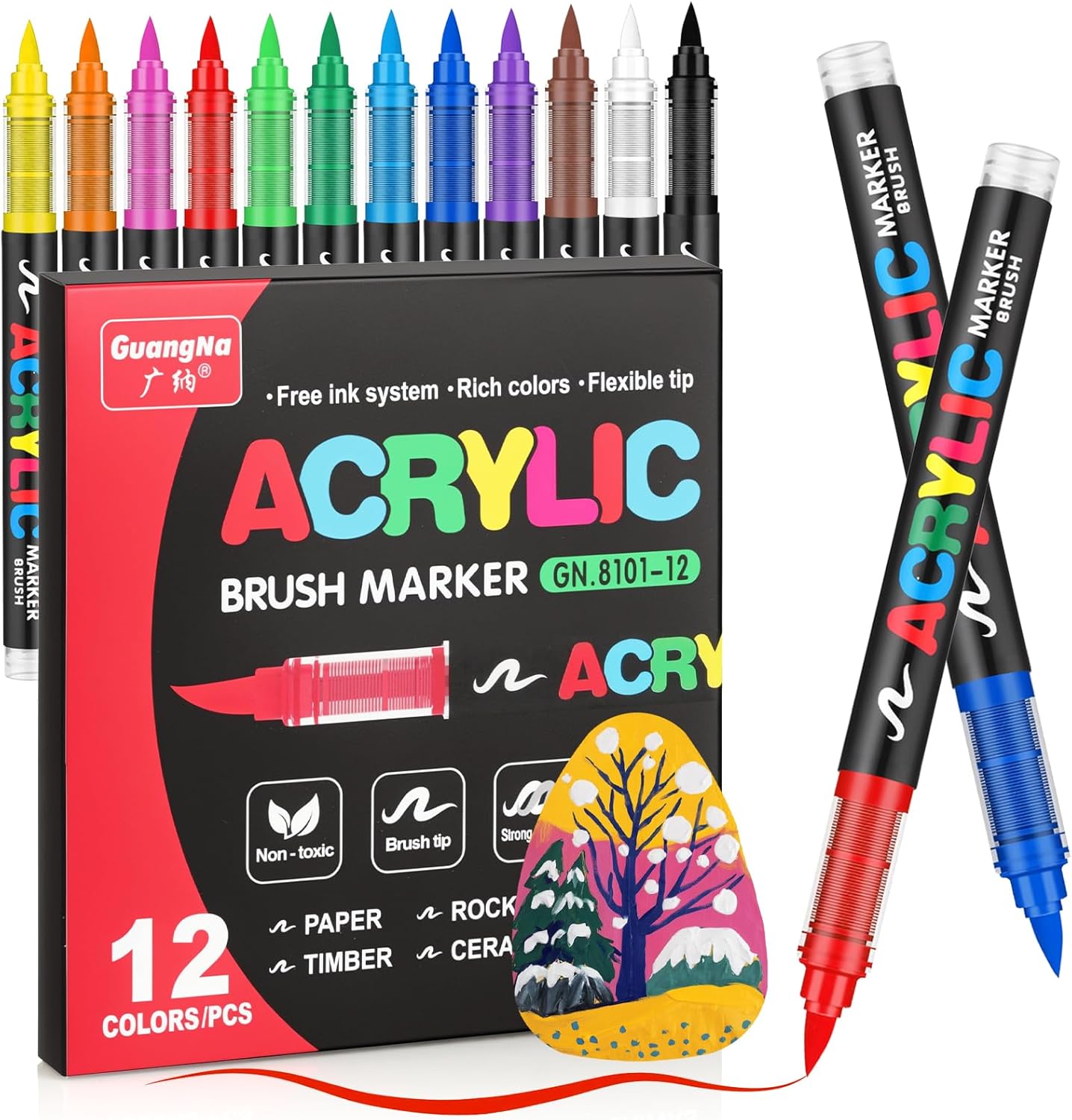 JRQ Acrylic Paint Markers Paint Pens, 12 Colors Direct Liquid System & Brush Tip, Acrylic Markers for Wood, Rock Painting, Glass, Canvas, Ceramic, Fabric, Plastic, DIY Art Crafts Supplies