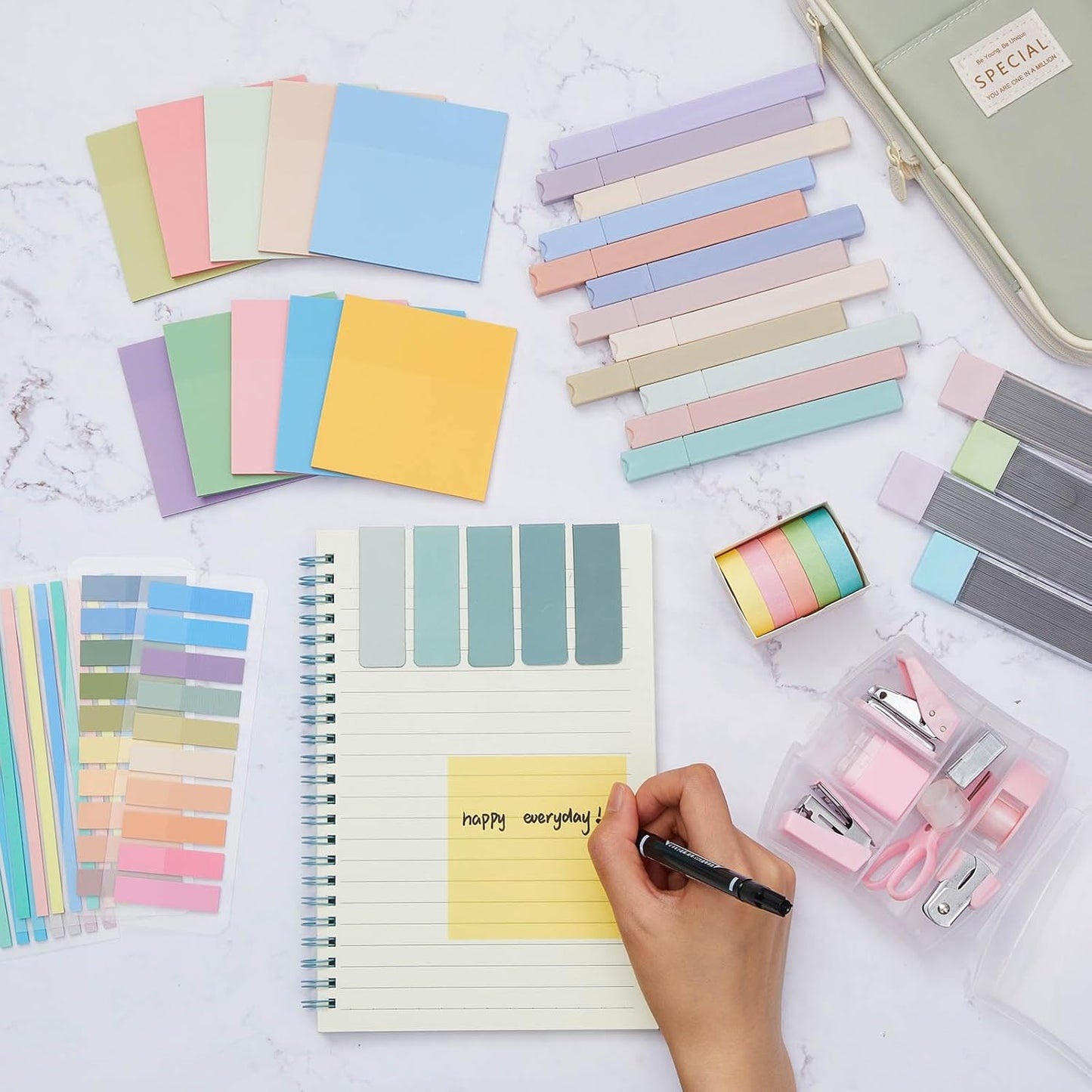 60 Pcs Aesthetic Book Annotation Kit School Supplies Cute Pencil Case with Highlighter Gel Pen Mechanical Pencil Magnetic Bookmarks Transparent Sticky Note Tabs Student Stationary(Light Green)