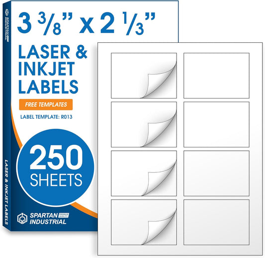 3 3/8" X 2 1/3" Matte White Name Tag Labels Compatible with Inkjet and Laser Printers - 250 Sheets, 2000 Total Paper Stickers - Spartan Industrial