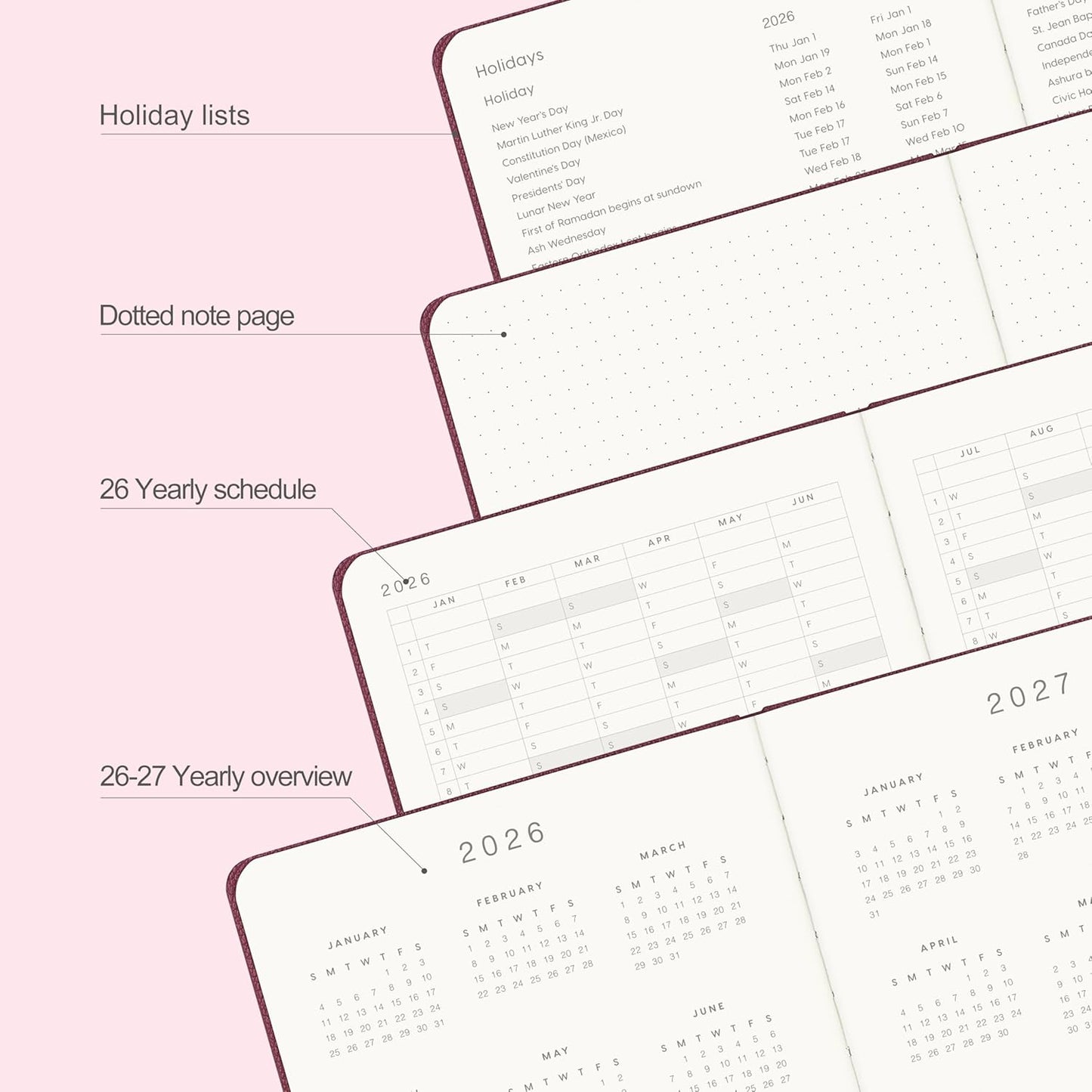 And Per Se 2026 Planner-Daily, Weekly & 15-Monthly Leather Hardcover Planner, 5.7" x 8", Daily Schedule, Monthly Tabs, 100 GSM Thick Paper, Back Pocket(Dark Red)