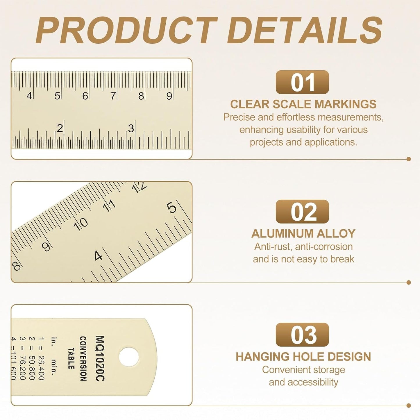 HARFINGTON 4pcs Metal Straight Ruler 20cm Metric SAE Aluminum Alloy Measuring Rulers Scale Tool with Hole for Measure Study Reading Classroom Office, White