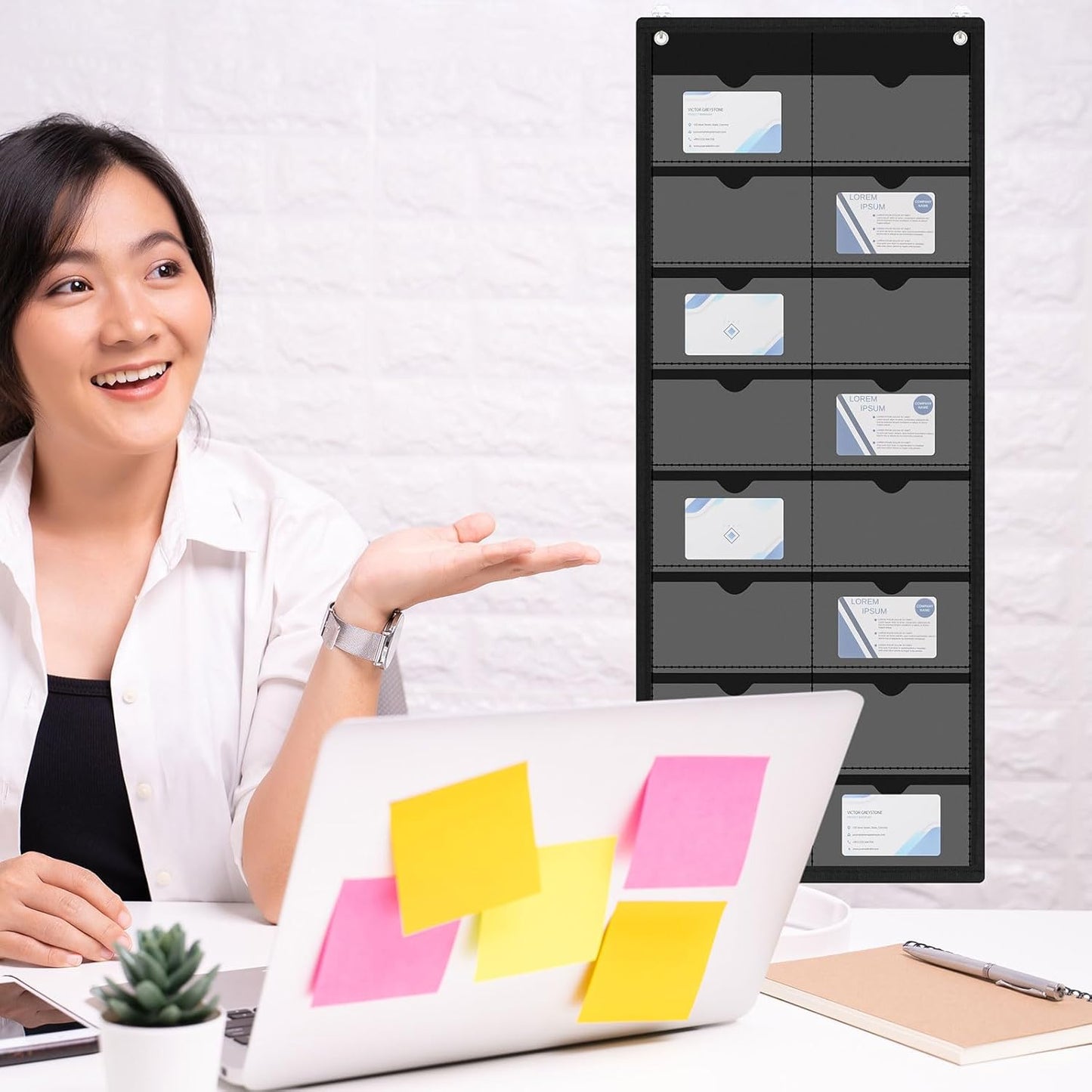 4 Pack 3'' x 5'' Index Card Holder Sleeve 16 Slot Plastic Organizer Hanging Wall Mount Business Note Cardholder PVC Clear Organizer Pocket for Classroom Office Library Home (Black)