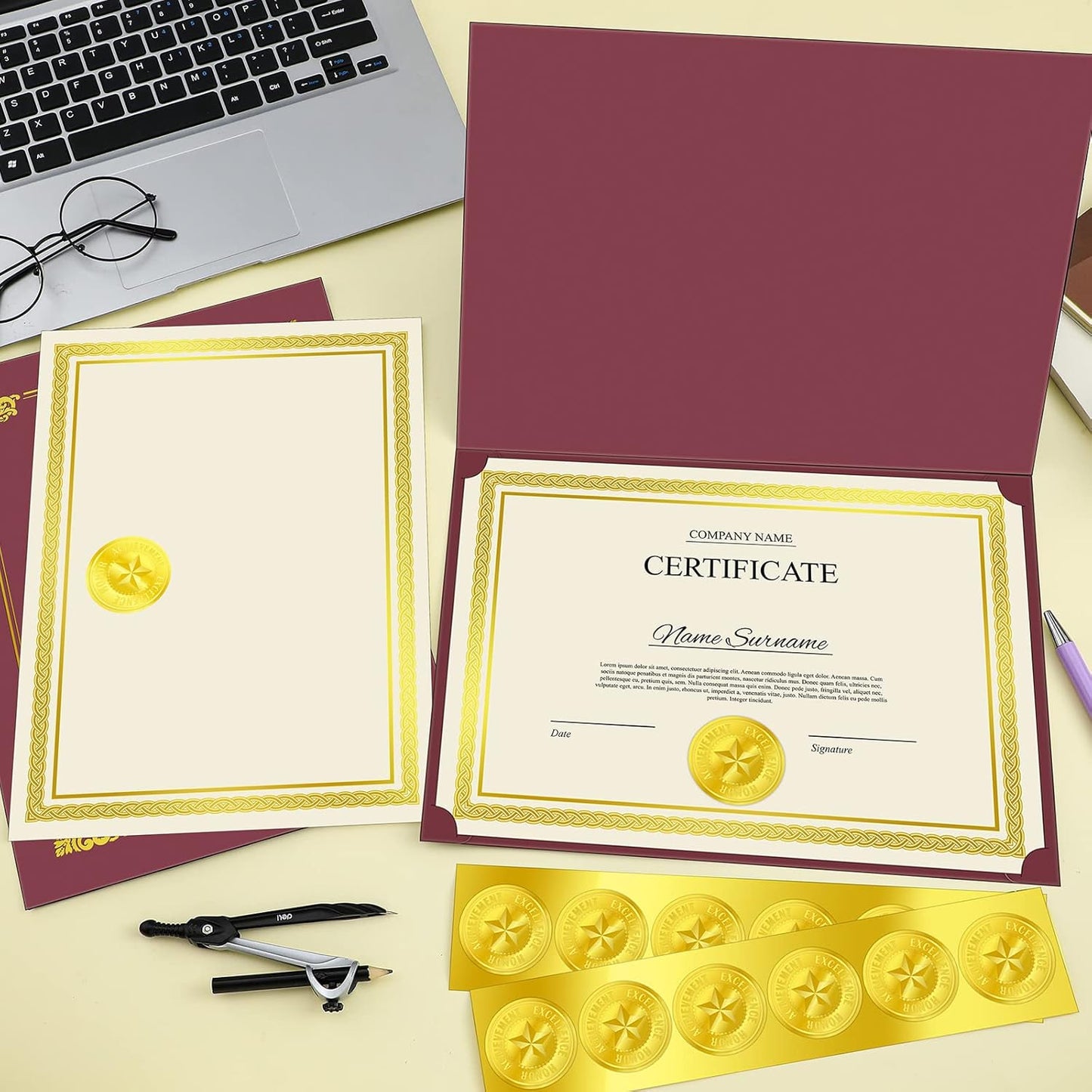 150 Pcs Certificate Kit Include 50 Certificate Holders 50 Paper and 50 Embossed Seal Stickers Diploma Covers for Graduation, Competition Supplies(Dark Red)