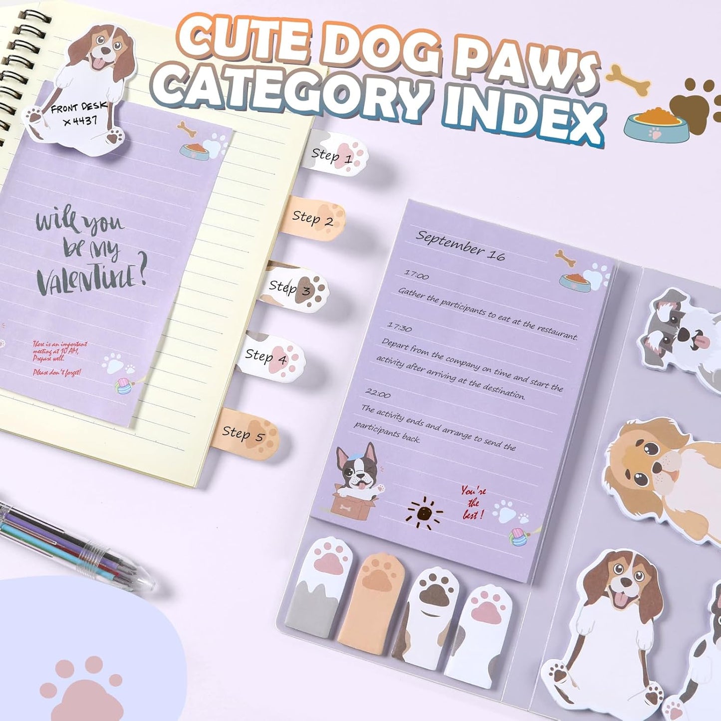 Hommie Cute Sticky Notes, Dog Sticky Notes Set Planner Dividers Self-Stick Notes Pads Animal Divider Tabs Bundle Writing Memo for Dog Lovers Home Office School Supplies
