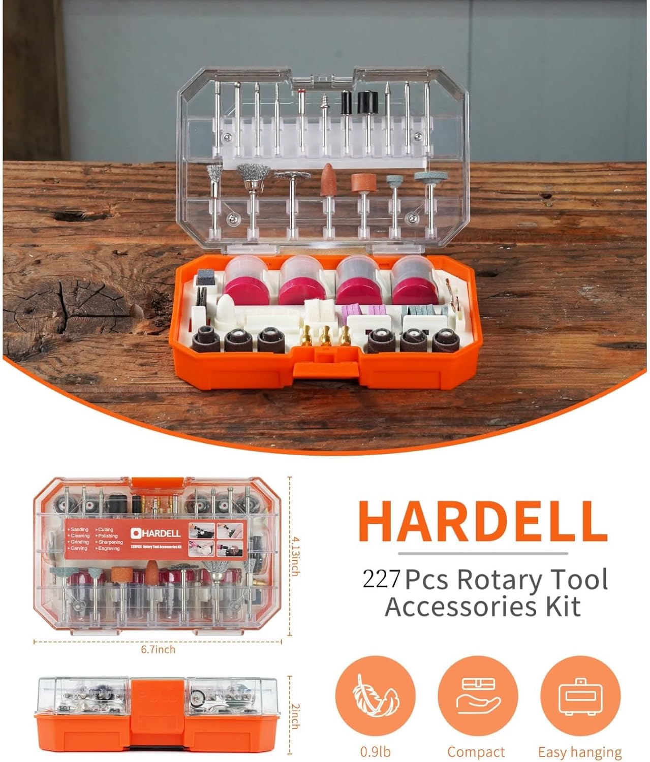 HARDELL Rotary Tool Accessories, 227pcs Power Rotary Tool Accessories Kit, 1/8"(3.2mm) Diameter Shanks, Universal Fitment for Easy Cutting, Polishing, Sanding, Carving, Grinding(Orange)