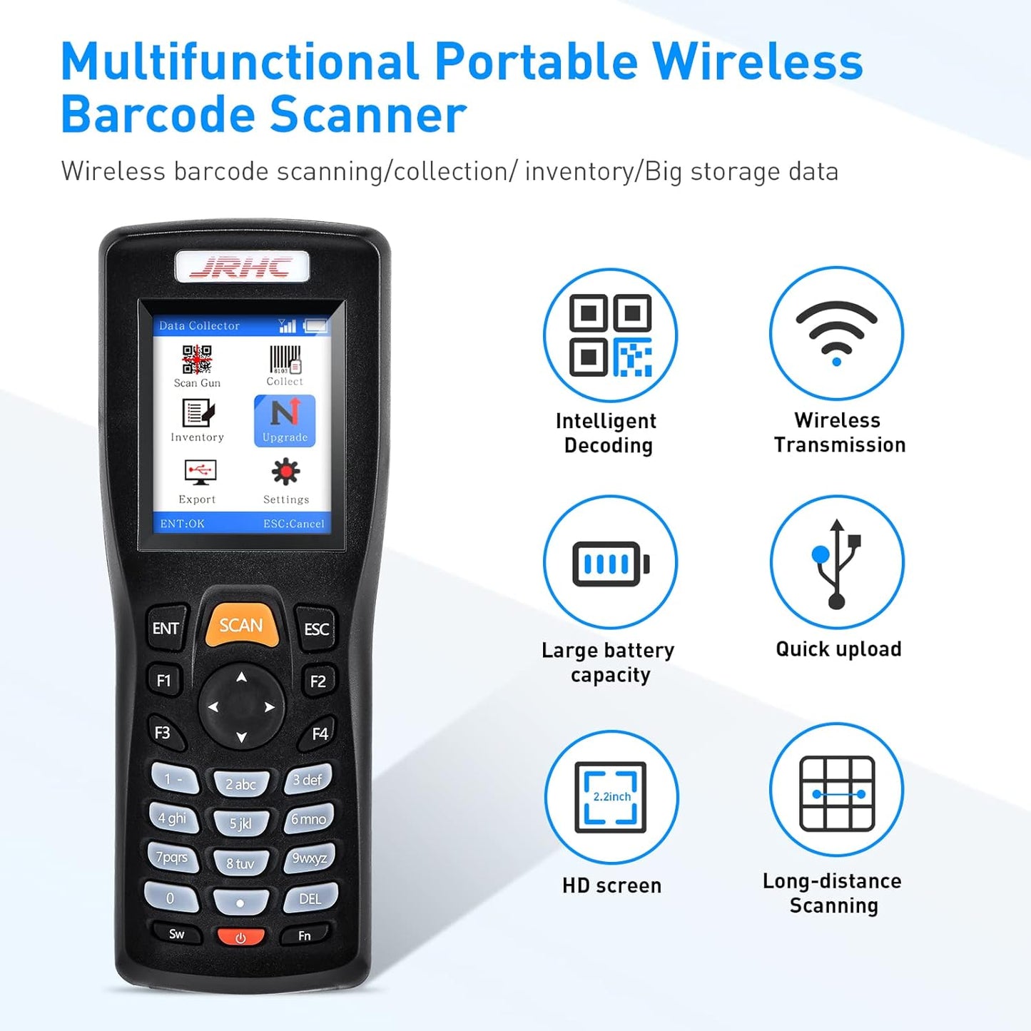 Inventory Barcode Scanner, Wireless Barcode Scanner 1D 2D & PDF417 Data Collector Portable Data Terminal Inventory Device with 2.4G Wireless & USB Wired Connection Bar Code Scanners