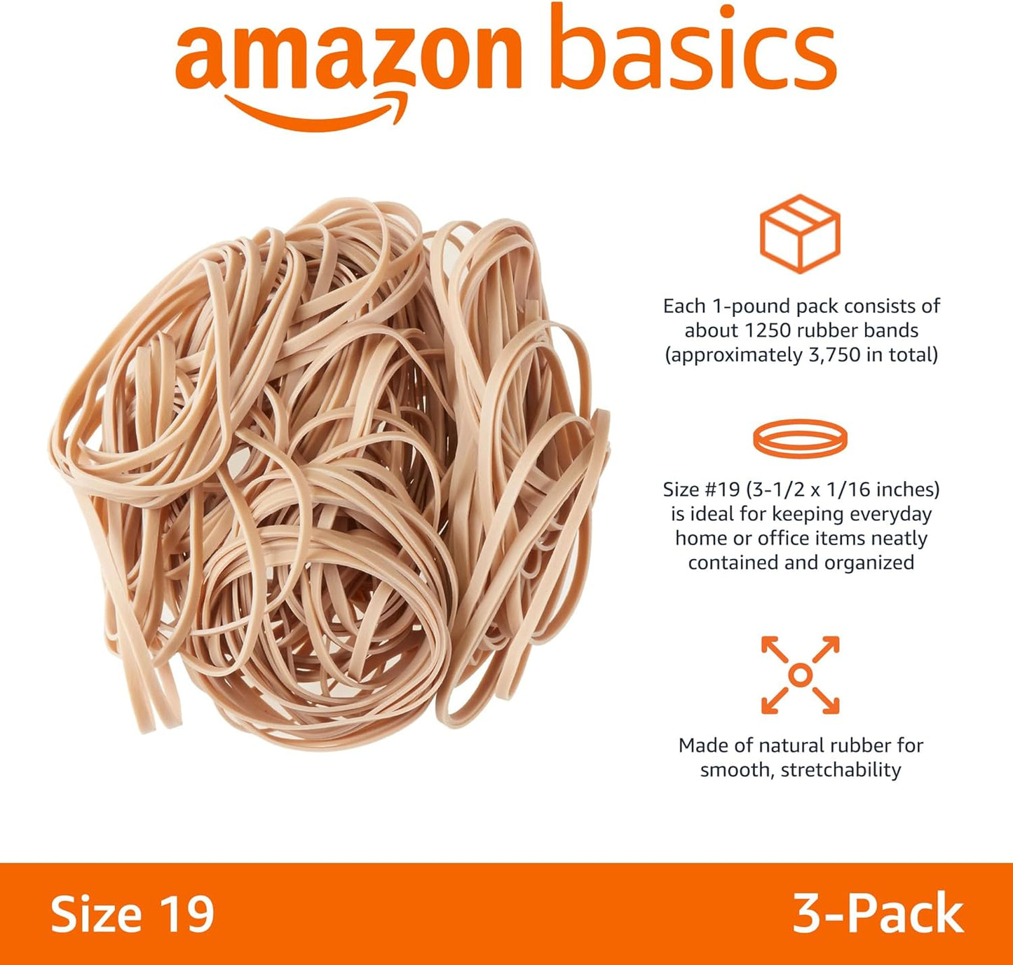 Amazon Basics Rubber Bands, Size 19 (3-1/2 x 1/16 Inch), 1250 Bands/1 lb. Pack, 3-Pack, Tan