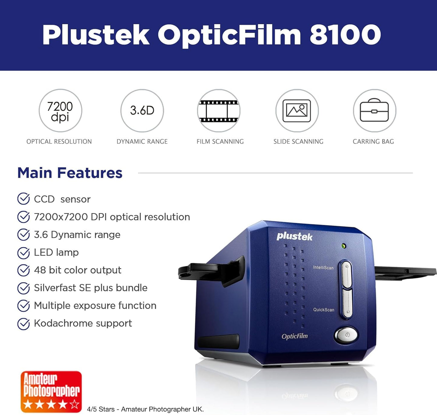 Plustek OpticFilm 8100-35mm Negative Film/Slide Scanner with 7200 DPI and 48-bit Output. Bundle Silverfast SE Plus 9, Support Mac and Windows