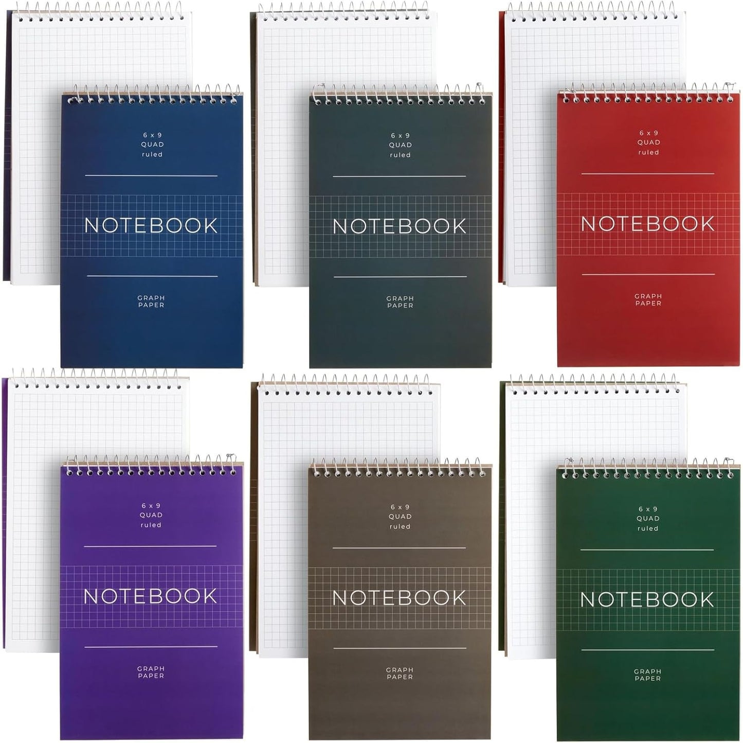 Juvale 6 Pack Quad Ruled 6x9 Inch Top Bound Spiral Graph Paper Notebook - 80 Sheets / 160 Writable Page Steno Notepads for Writing, Sketching, Drawing, School Supplies (6 Colors)