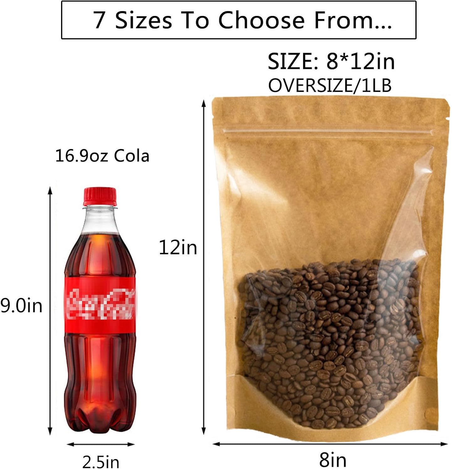 50pcs Kraft Bags With Window Clear Fornt Pouches Resealable Stand Up Zip Lock Food Storage Bags Brown 8"x12"