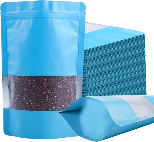 100 Pack Smell Proof Bags, Resealable Blue Mylar Bags with Matte Window, Foil Pouch Stand Up Sealable Bags for Packaging, 6.29 × 9.44 Inch
