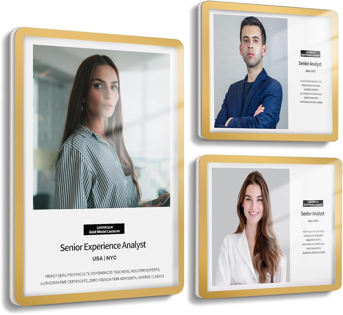 8.5x11 Wall Sign Holder Floating 3 Pack, Self-Adhesive Display Frame for Document/Poster/Paper Office/Store/Wall Mounted for Door/Window Display Holder with Horizontal and Vertical (Gold)