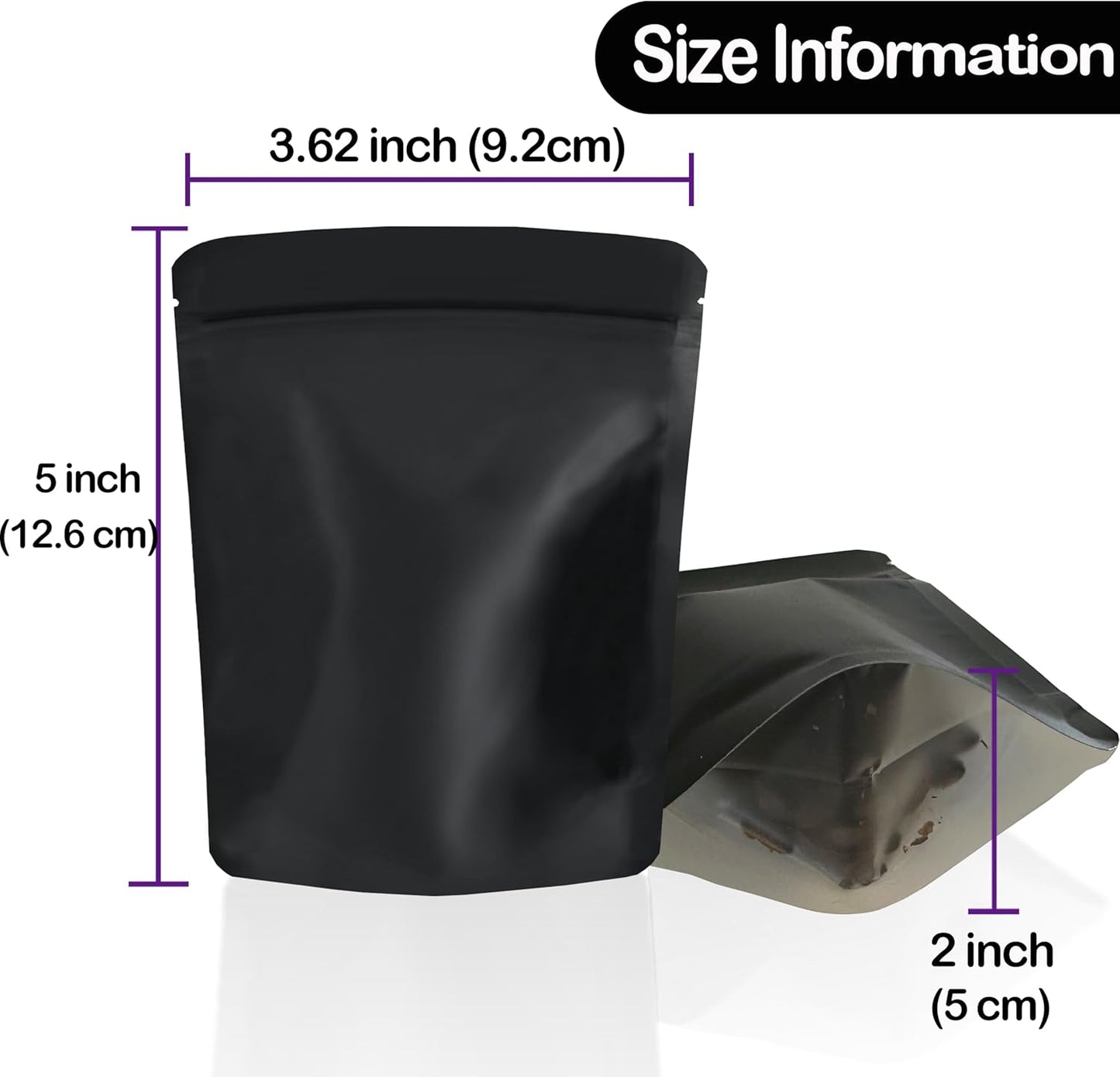 100 Pack Reusable Mylar Bags, 3.62 x 5 inches, Black, Premium Smell Proof with Double-sided Matte Design, Resealable Zipper, Sealed Plastic and Aluminum Foil Construction
