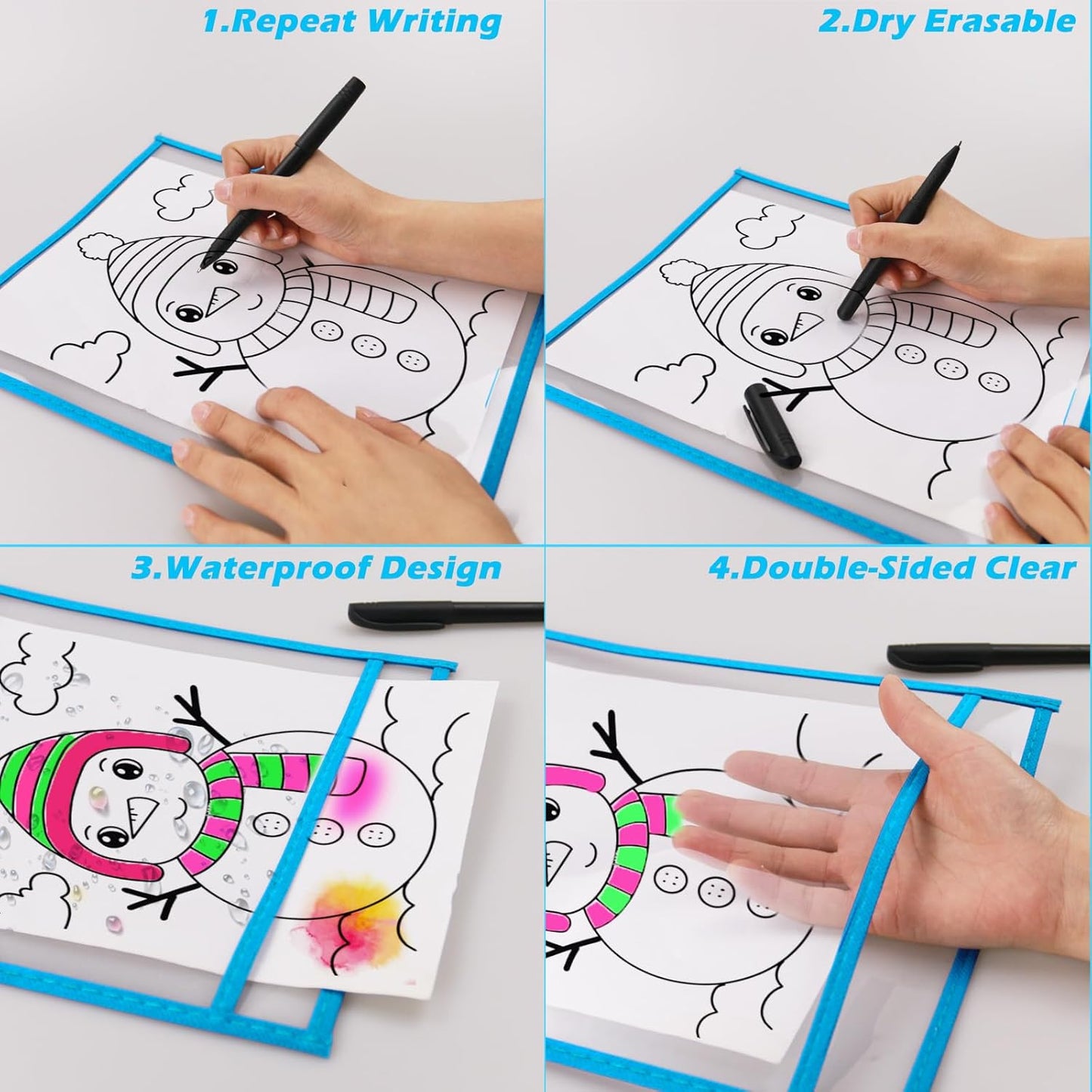 100 Packs Oversized Reusable Dry Erase Pocket Sleeves with 6 Rings, 20 Assorted Colors 10x14 Ticket Holders, Clear Plastic Sheet Protectors, Teacher School Classroom Supplies