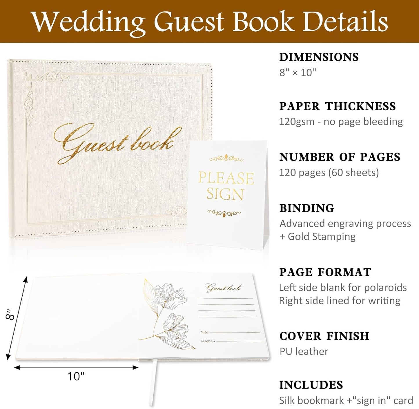 8x10 Leather Guest Book and Standup Sign Set, Gold Foiled Cover Registry Book for Wedding Reception, Retirement Party, Vacation Homes and Events, 120 Pages (White)