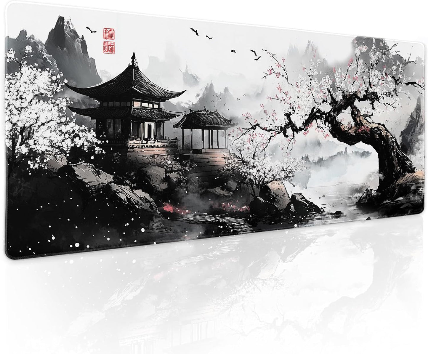 Black Whtie Japanese Gaming Mouse Pad XL Anime Sakura Cherry Blossom Tree Extended Large Mat Mousepad Desk Pad Non-Slip Rubber Base Stitched Edge Long Keyboard Pad for Computer,31.5×11.8 Inch