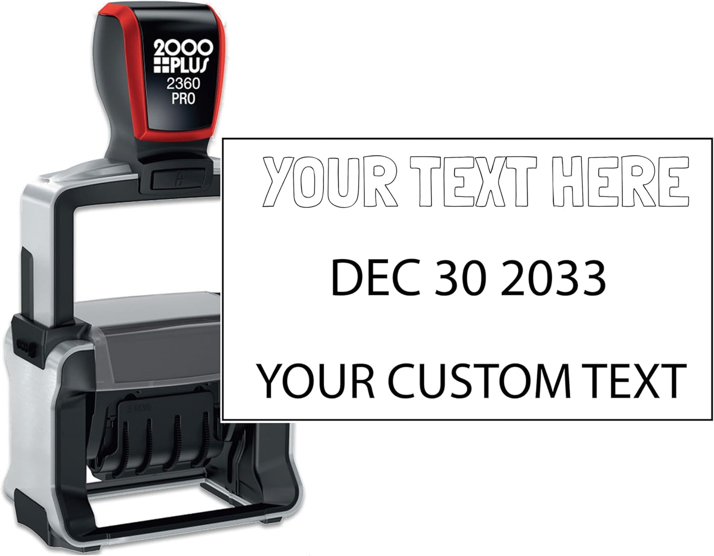Heavy Duty Date Stamp with 2-Line Custom Text, 2000 Plus 2360 Self Inking Stamp - Choice of Ink Color (Black)