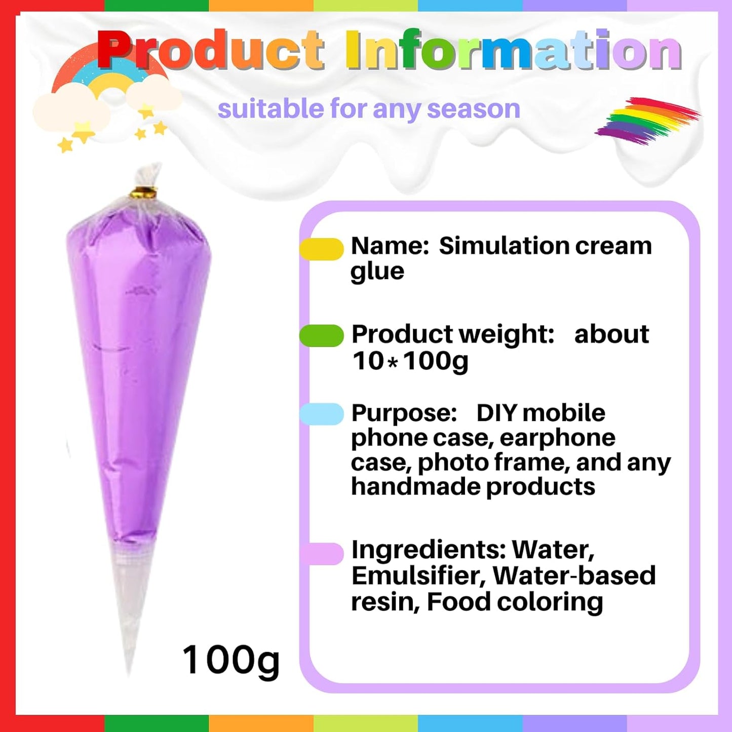 ASTRYAS 10PCS 100g Cream Glue Kit, Decoden Kit, Fake Whipped Cream Glue Clay Frosting with Decorating Tips for Crafts Handmade Phone Case Mirror Jewelry Accessories (Rainbow Theme)