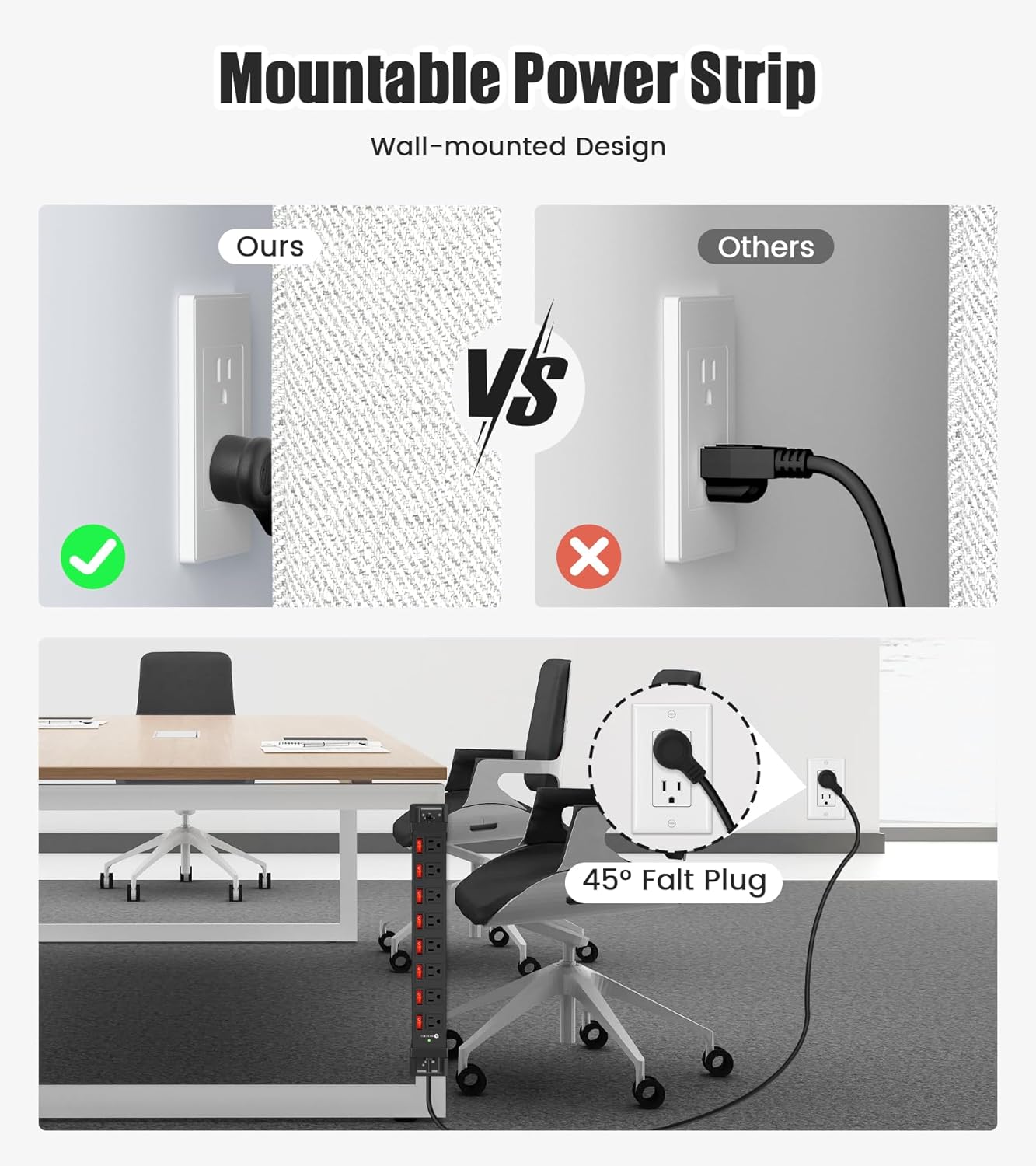 Heavy Duty Power Strip with Individual Switches,8 Outlets 14 Gauge Industrial Shop Garage Metal Multiple Outlets,1200J Surge Protector Mountable Power Strip,15FT Extension Cord Management (Black)