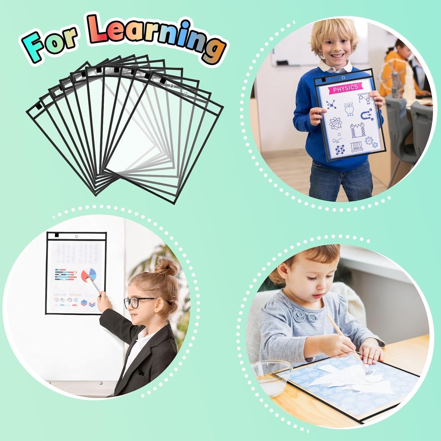 30 Packs Dry Erase Pocket Sleeves with 2-Ring, Reusable Clear Plastic Classroom Sleeves, 10x14 Inch Ticket Holders, Plastic Sleeves for School/Office Organization