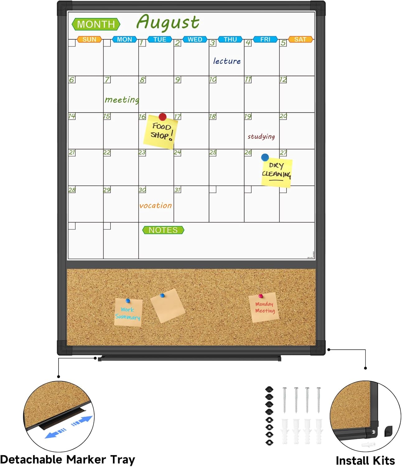 JILoffice Magnetic Calendar Whiteboard & Bulletin Corkboard Combination, Combo Board 20 x 28 Inch, Black Aluminum Frame Wall Mounted Board for Office Home and School with 10 Push Pins