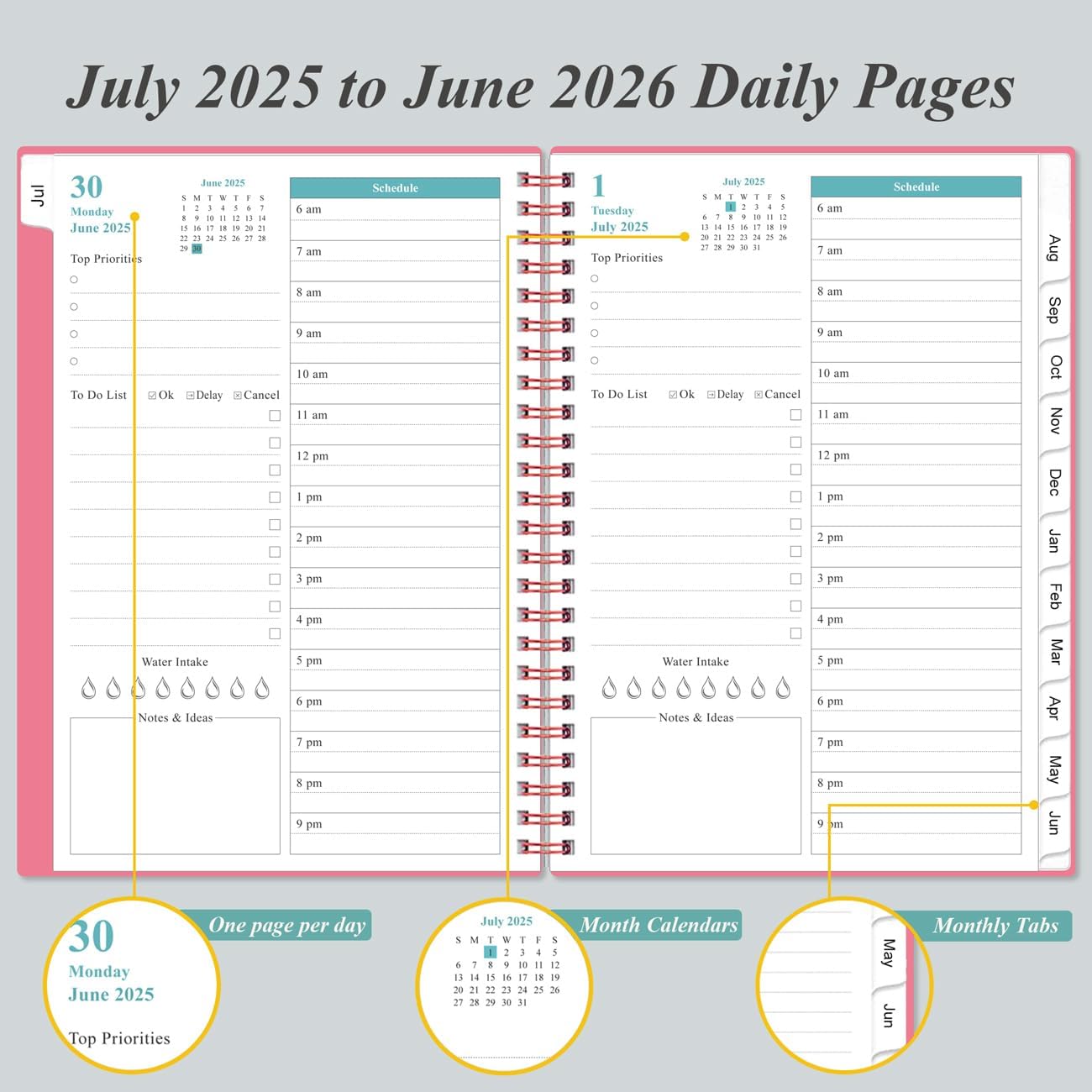 2026 Daily & Monthly Planner - One Page Per Day, Daily Planner 2026 from January 2026 to Deccember 2026, Planner 2026 with 12 Monthly Tabs, 6.4" x 8.5", Pink
