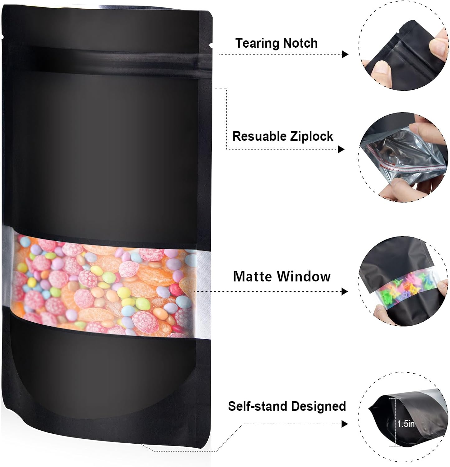 4"x6" 120pcs Mylar Bags for Food Storage,Smell Proof Bag with Matte Window Resealable Food Storage Bags for Small Business, Stand-up Foil Pouch Packaging Freeze Dried Candy Bag（Black）