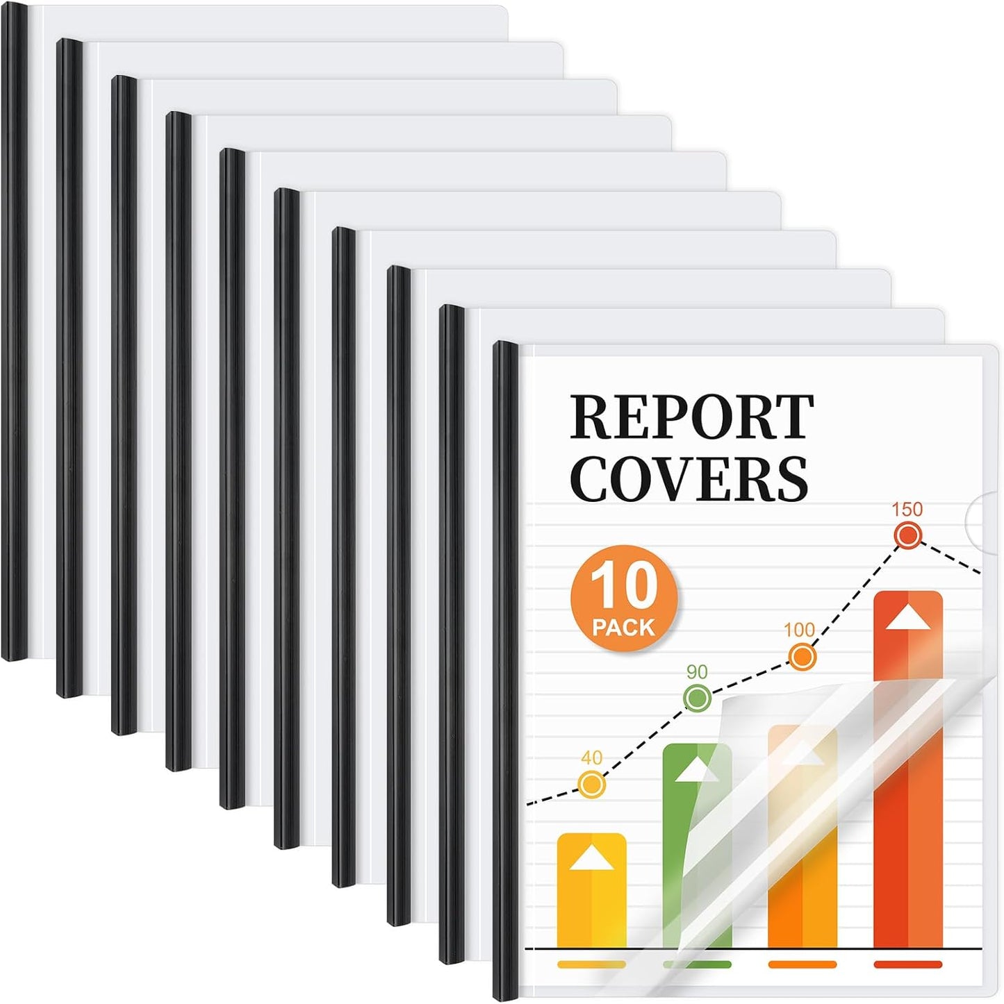 JOERSH 10Pcs Clear Report Covers with Sliding Bar, 40 Sheet Capacity Plastic Binder Paper Protector, Report Folders with Clear Cover for Resume File Documents, Black
