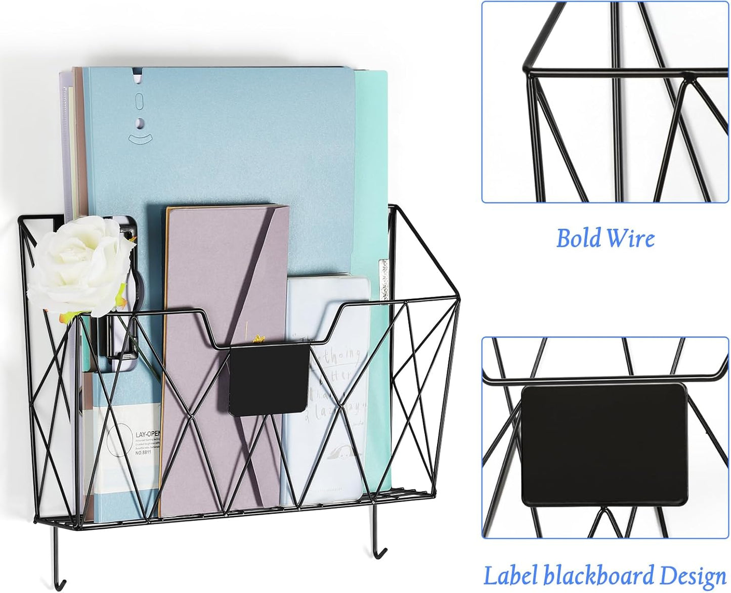 Hanging File Holder Wall File Organizer Holder, 6 Pockets Wall Mount Vertical Magazine Rack with Hooks for Office Home, Black