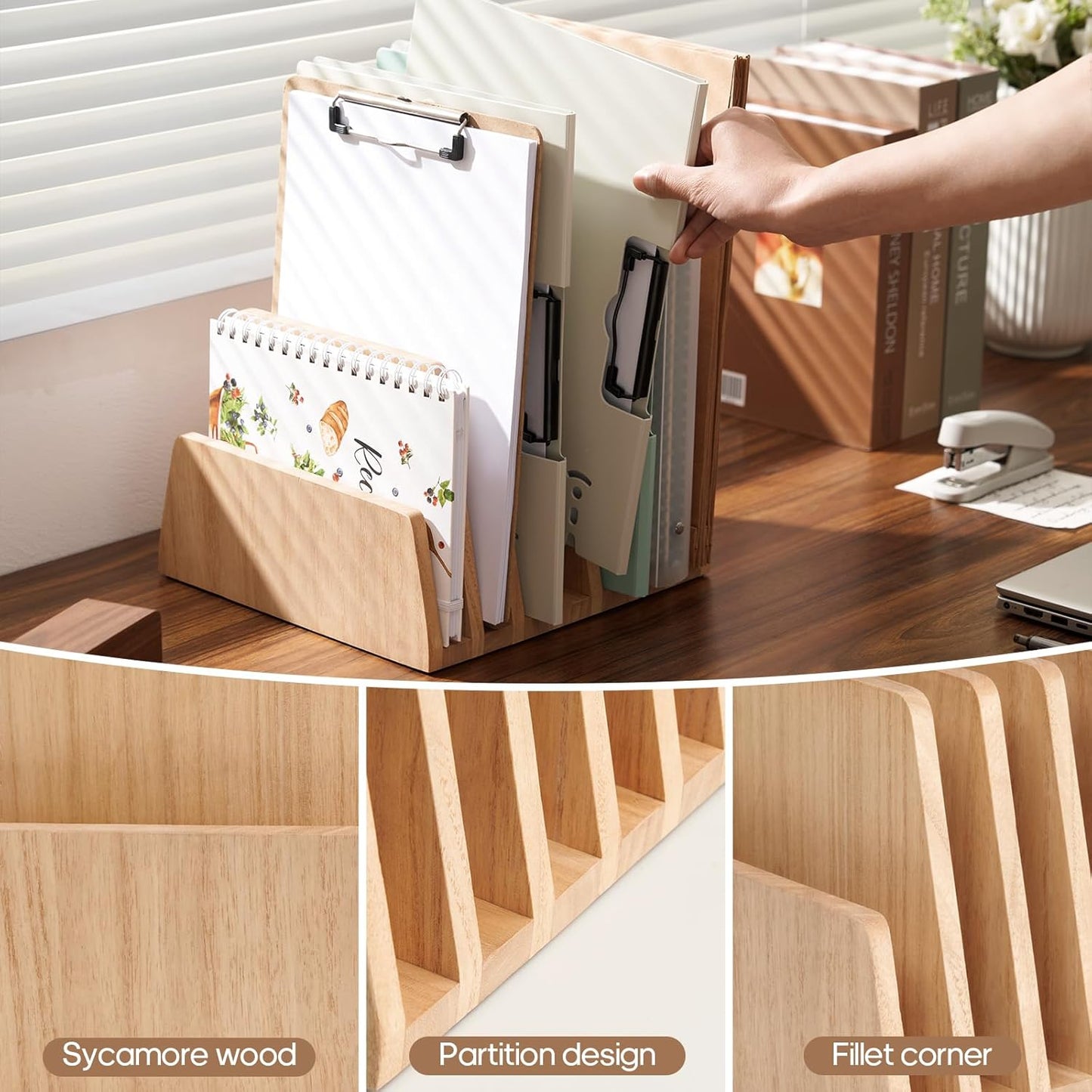 KIRIGEN Desktop File Document Holder Stand 7 Slots Mail Paper Organizer Desk Sorter Holder for File Document Organizer Stand for Home Office Natural (7KWJJ-NA)