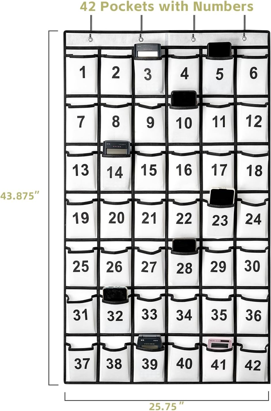 42 Pockets Numbered Classroom Pocket Chart for Cell Phones, Hanging Pocket Chart Storage for Classroom Phone Calculator Holder with 4 Hooks and 42 Clear Numbers Printing (White-42pockets)