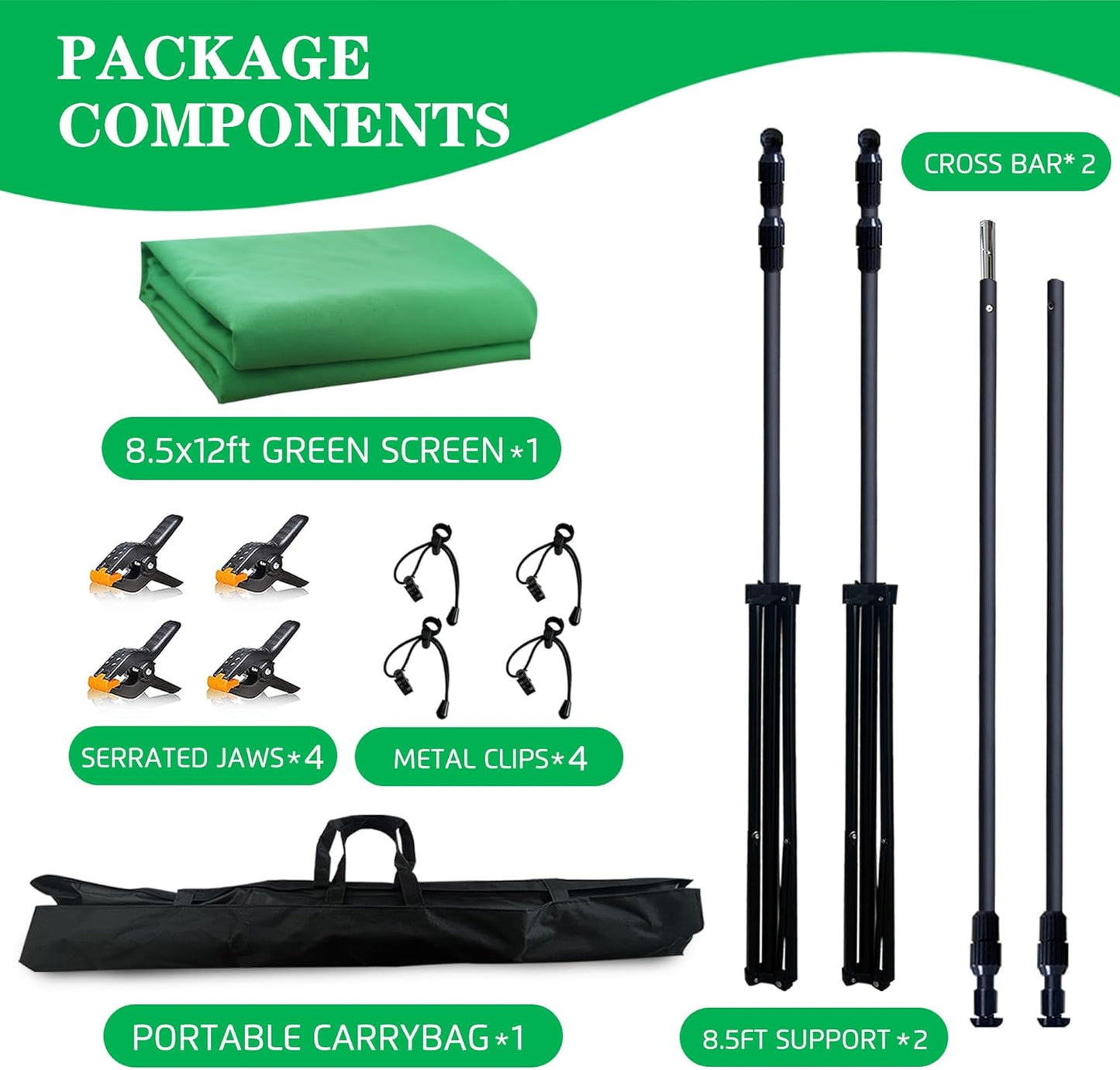 2-in-1 Green Backdrop Stand Kit - 8.5x12 ft Green Backdrop with 10x8.5ft Portable Photography Stand for Video Streaming,Zoom Meetings,Parties,Anti-Wrinkle Polyester Fabric