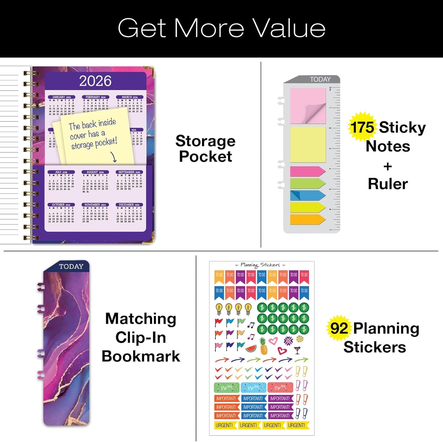 HARDCOVER Academic Year 2025-2026 Planner: (June 2025 Through July 2026) 5.5"x8" Daily Weekly Monthly Planner Yearly Agenda. Bookmark, Pocket Folder and Sticky Note Set (Pink Purple Marble)