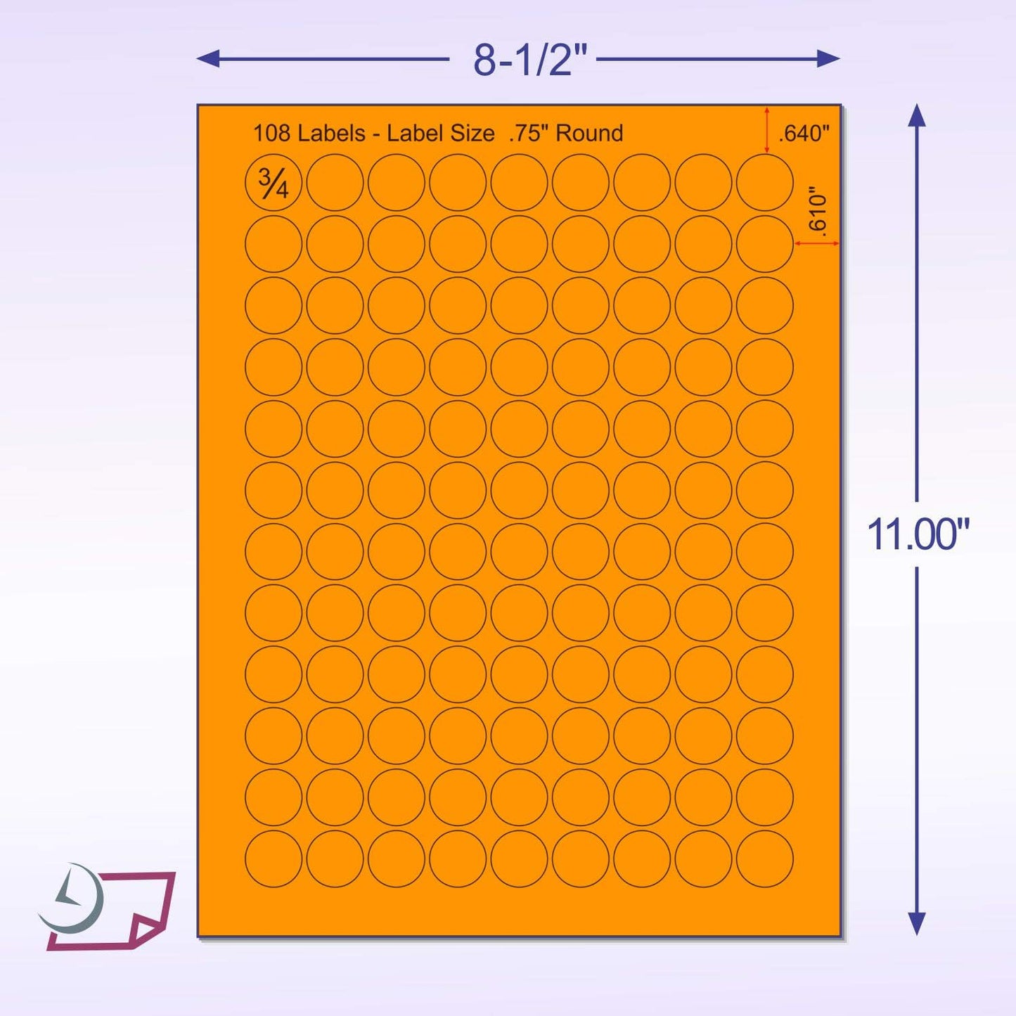 8-1/2 x 11" Fluorescent Labels for Laser & Inkjet Printer (Orange Fluorescent, 3/4" Round - 108 Per Page | 2700 Labels)