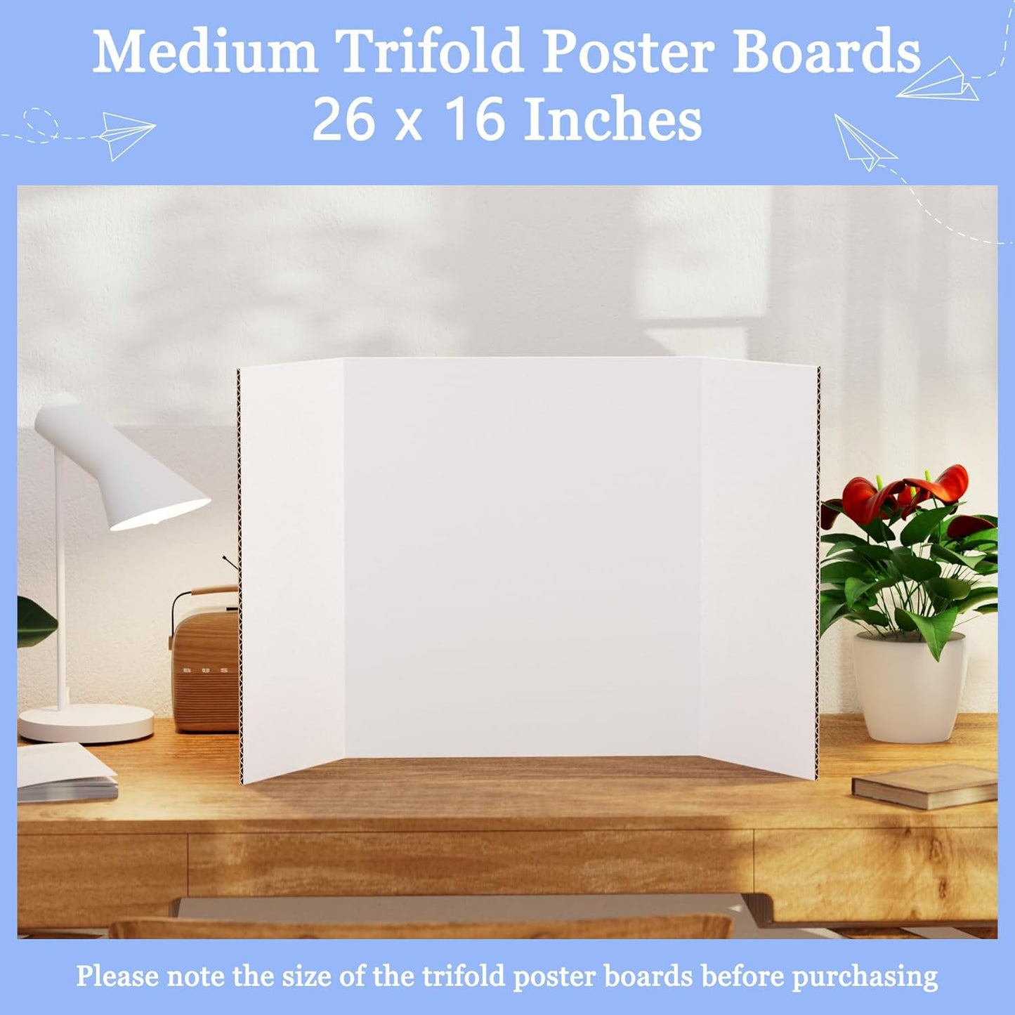 6 Pack Medium Trifold Poster Board, 26" x 16" White Corrugated Cardboard Tri Fold Poster Boards for Presentation, School Projects, Science Fair, Photo Display Exhibitions Event