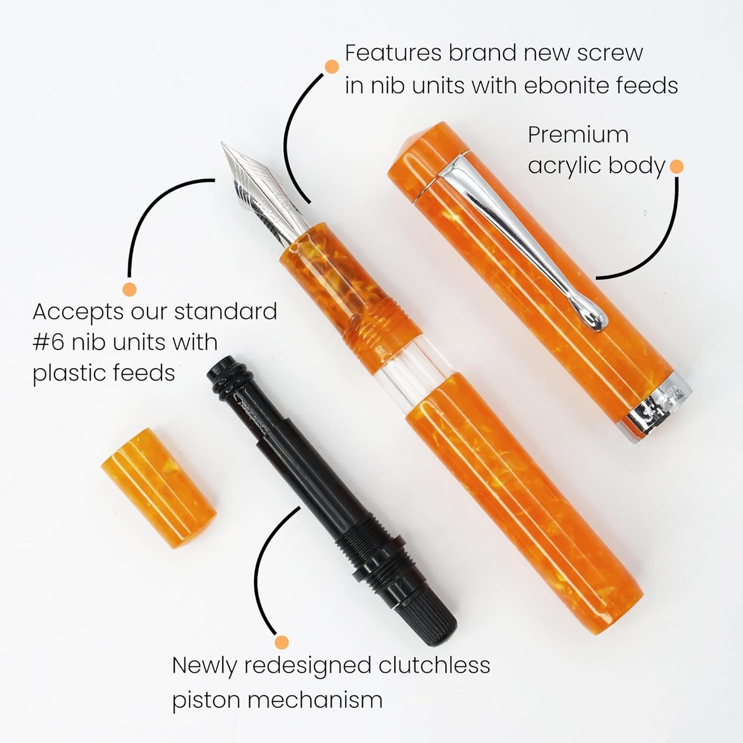 Jaipur V2 Piston Filled Refillable Fountain Pen - Orange Ultra Flex Cursive Pen w/Stainless Steel Nib - Luxury Pens w/Acrylic Body & Ebonite Feed - Fountain Pens for Journaling & Calligraphy