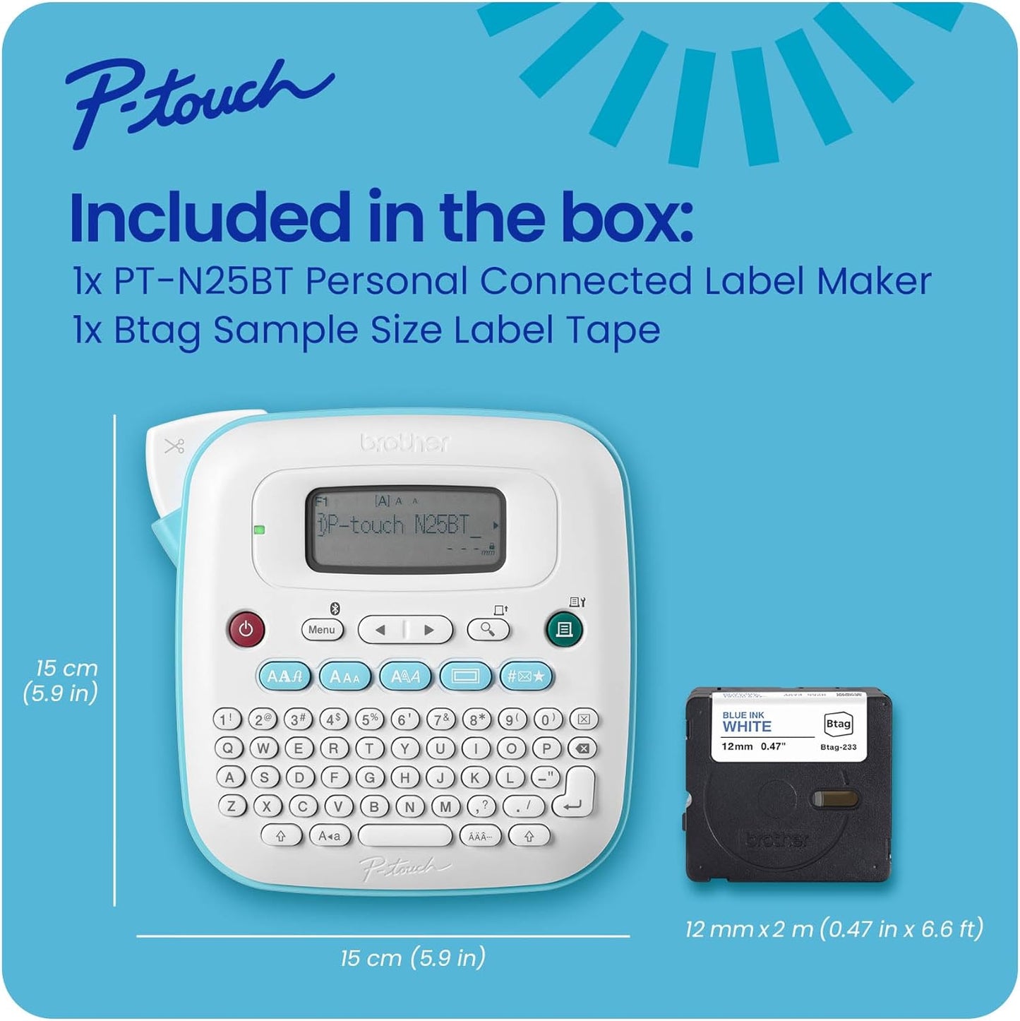 Brother P-Touch PT-N25BT Personal Connected Label Maker, Bluetooth, Design&Print2 app, Portable, Handheld and Prints with P-Touch Btag½â€ (12mm) Wide Color Label Tapes