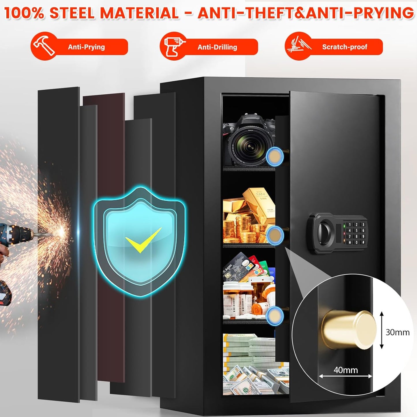 4.5 Cubic Large Fireproof Safe Box with Fireproof Document Bag, Personal Security Home Safe with 3 Removable Shelf, Anti-Theft Lock Box for Documents Money Jewelry Valuables