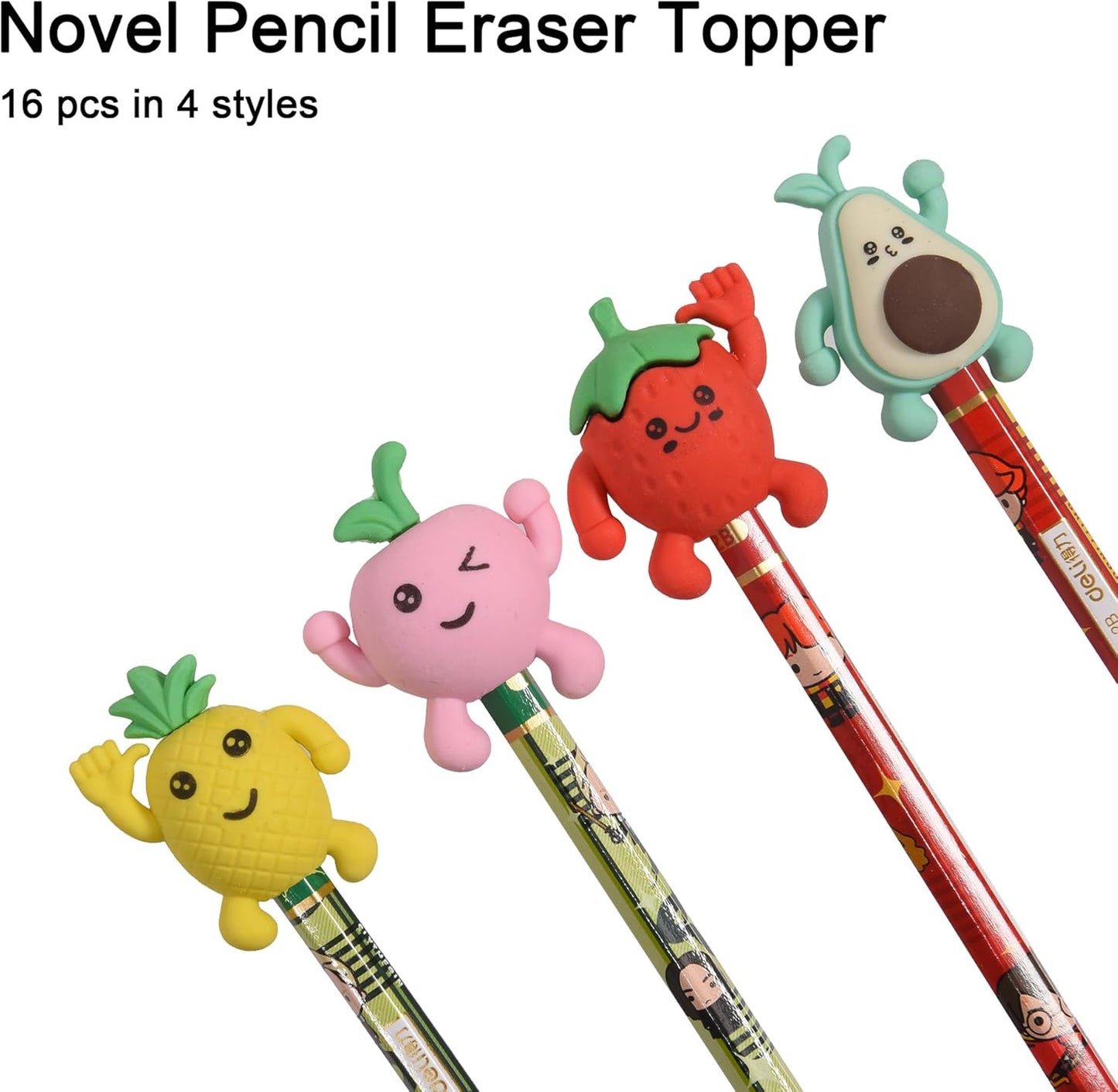16Pcs Pencil Top Erasers for Kids, 3D Cute Fruit Pencil Toppers, Bulk Fun Pencil Cap Easters for School Classroom Supplies Prize Gifts Party Favors