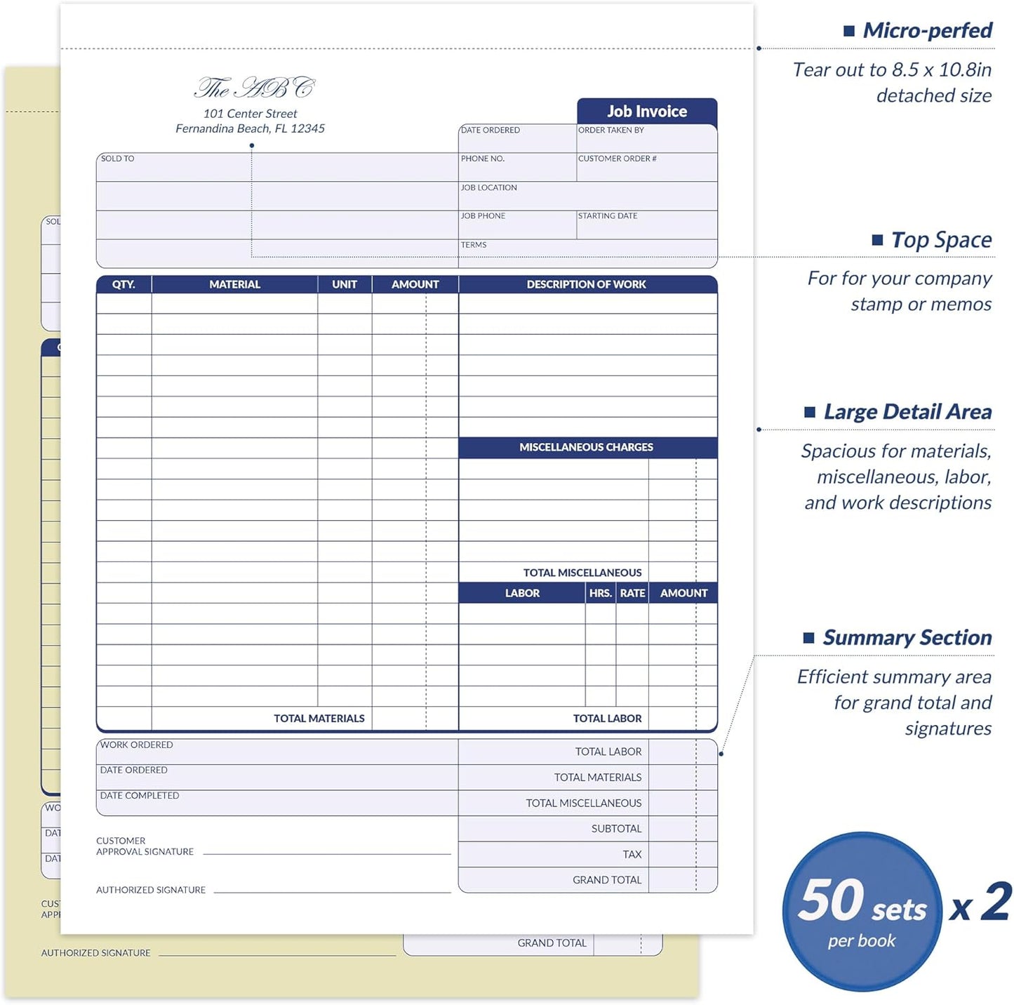 Job Work Order Forms, Large Size Contractor Invoice Book 8-1/2" x 11-7/16", Invoice Receipt Book for Small Business, 2-Part Carbonless Forms, 100 Sets (2 Books)