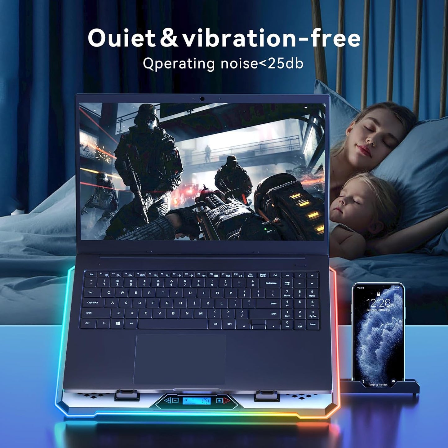 Aluminum Alloy RGB Gaming Laptop Cooler with 6 Fans and LCD Screen - 10 RGB Modes Memory Function, 4 USB Ports 3.0 and 2.0 Hub, 9 Height Adjustable for 10 to 21 Inch Laptops on Desk or Lap