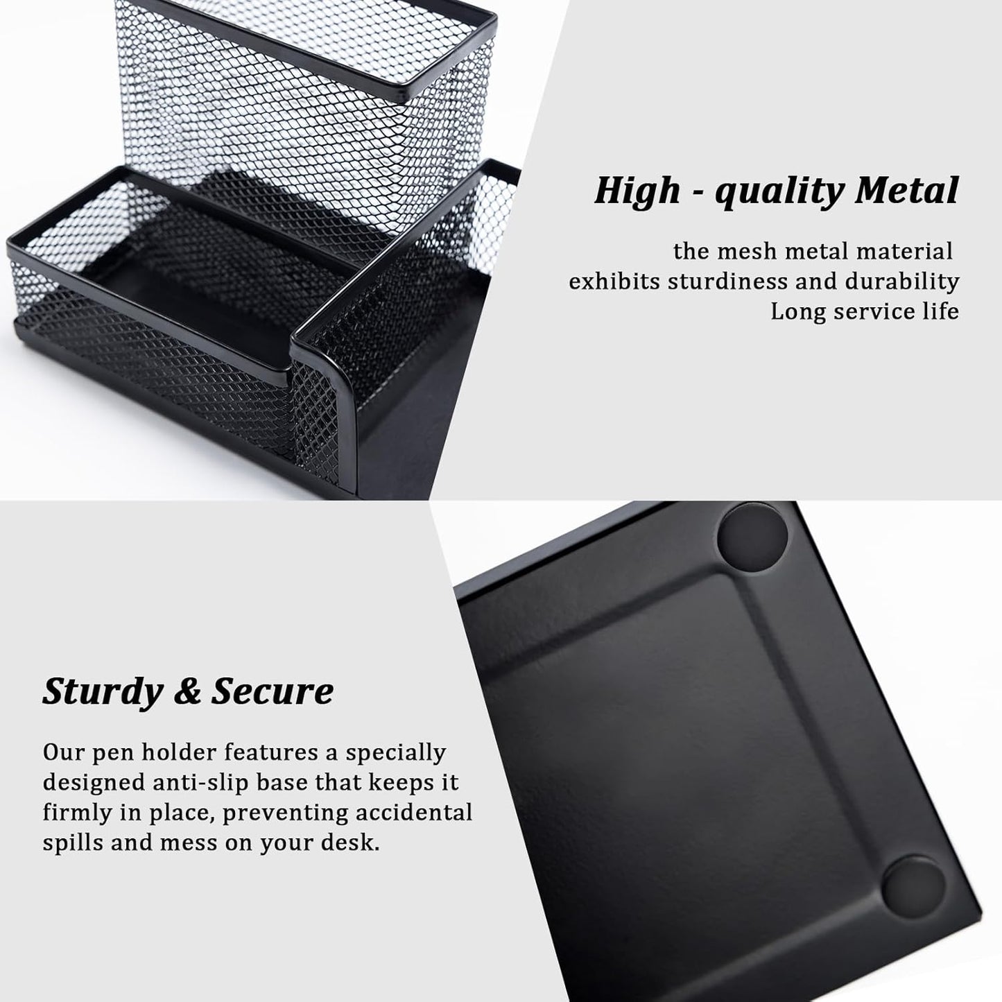 Black Mesh Pen Holder Desktop Organizers Pencil Holder for Desk 3 Compartments Metal Office Supply Organizer with Sticky Notes Holder for Office Desk Accessories