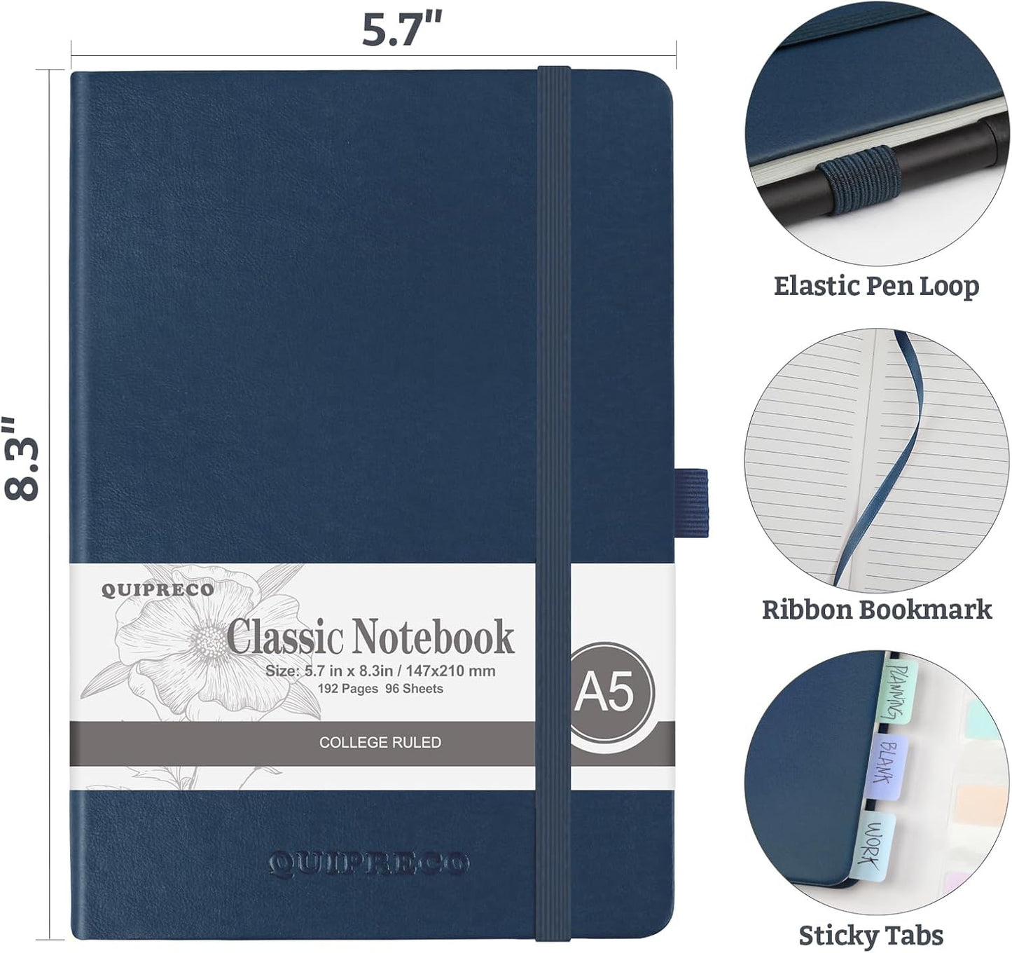 2Pack Lined Hardcover Journal Notebook, A5 192 Pages 100Gsm Thick Paper College Ruled for School,Note Taking,Work,Diary，5.7"*8.3",Navy
