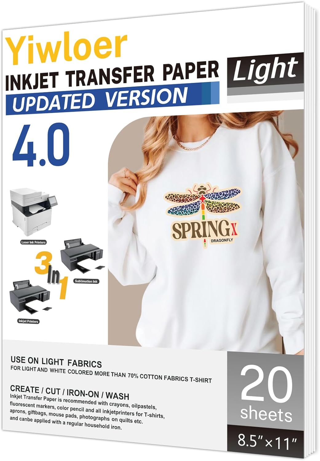 Iron on Heat Transfer Paper for T Shirts (8.5x11'', 20 Sheets) Iron-on Transfers Paper for Light Fabric Printable Heat Transfer Vinyl for Inkjet Printer (light fabric, 20pcs)
