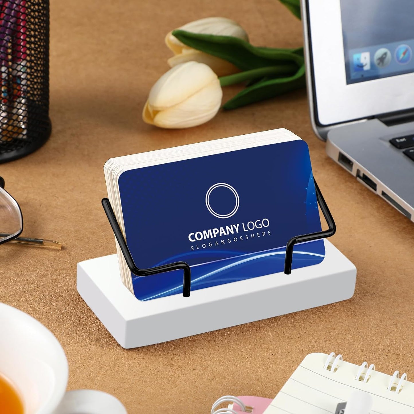 Amyhill 2 Pieces Wood Business Card Holder for Desk Wooden Business Card Display Stand Postcard Holder for Office Home Desktop (White, Black)