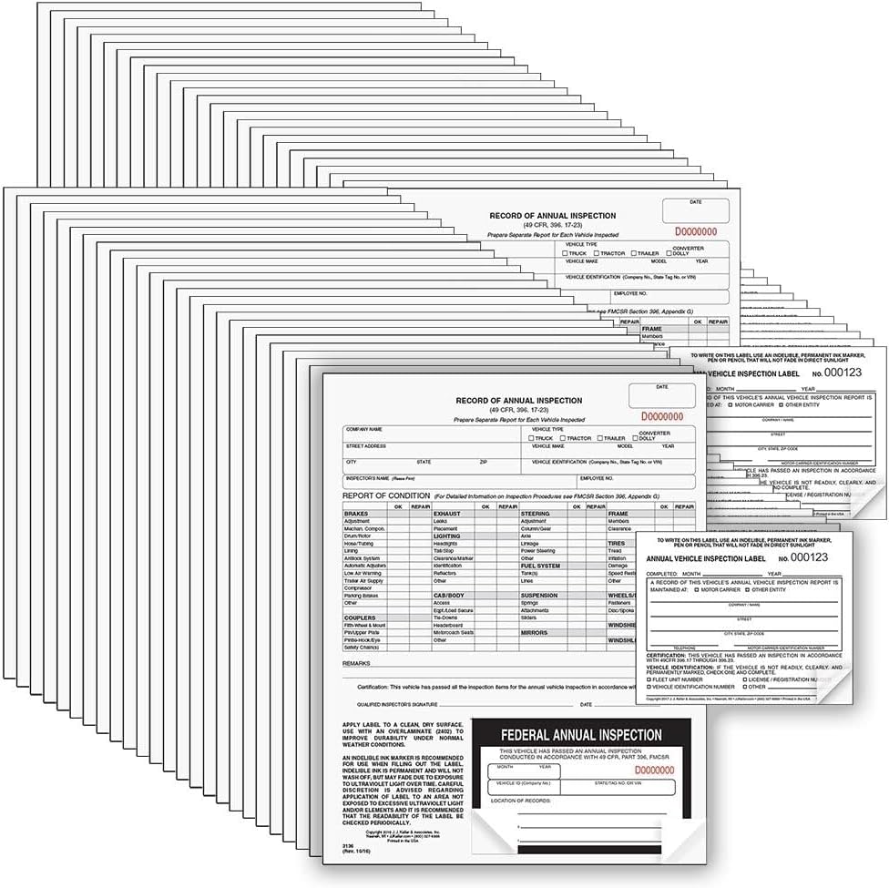 J. J. Keller 50-Pack, Record of Annual Inspection Form with Inspection Decal & Prenumbered Vinyl Adhesive Label 2-Ply, 2-Ply Carbonless Form, DOT Compliant