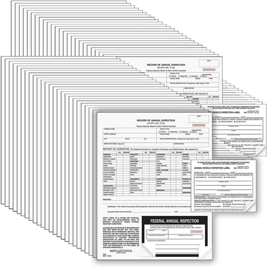 J. J. Keller 50-Pack, Record of Annual Inspection Form with Inspection Decal & Prenumbered Vinyl Adhesive Label 2-Ply, 2-Ply Carbonless Form, DOT Compliant