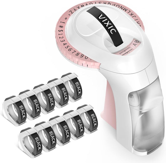 Embossing Label Maker Machine with Tapes, Vintage Embossed Label Maker, Retro Embossing Machine with 10 Rolls 9mm 3D Embossing Label Tapes for Home Office Kids DIY Crafting School, Pink